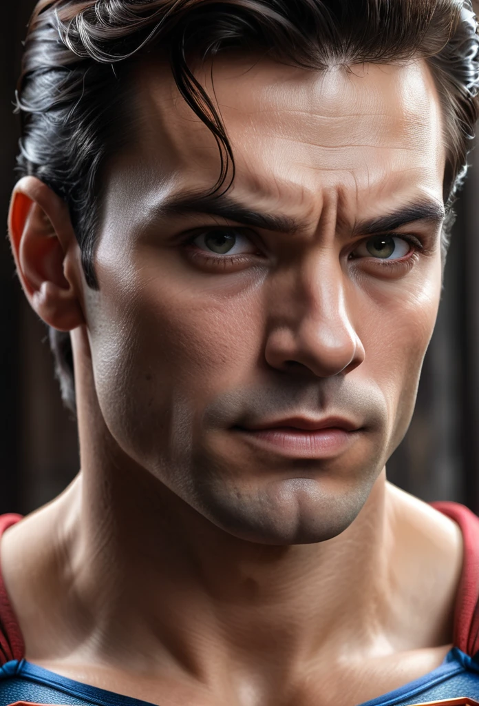 Photo RAW portrait handsome  super man, piercing gaze,  high quality textures, high quality shadows, high detail, beautiful detail, fine detail, extremely detailed computer graphics, detailed textures, realistic faces, atmosphere of fear and unease