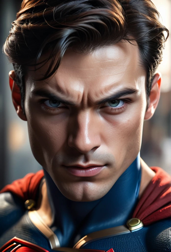 Photo RAW portrait handsome  super man, piercing gaze,  high quality textures, high quality shadows, high detail, beautiful detail, fine detail, extremely detailed computer graphics, detailed textures, realistic faces, atmosphere of fear and unease