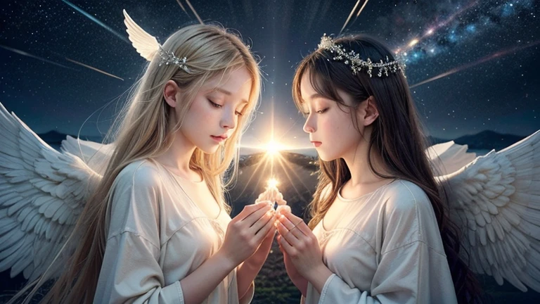 "Create a high definition image of angels. The image must portray angels with a serene and majestic presence, radiating light and peace. They must have detailed wings, soft and ethereal, with delicate feathers that reflect the light. Angels should be dressed in white or soft-colored robes, adorned with subtle details that reinforce their purity and divinity. The setting may include a starry sky, soft clouds, or a heavenly garden full of flowers and twinkling lights. The expression of the angels should convey calm, Love and protection, with serene faces and compassionate eyes. Light must emanate from your figures, creating a heavenly aura around them. The image should evoke a feeling of peace, Security and spirituality."