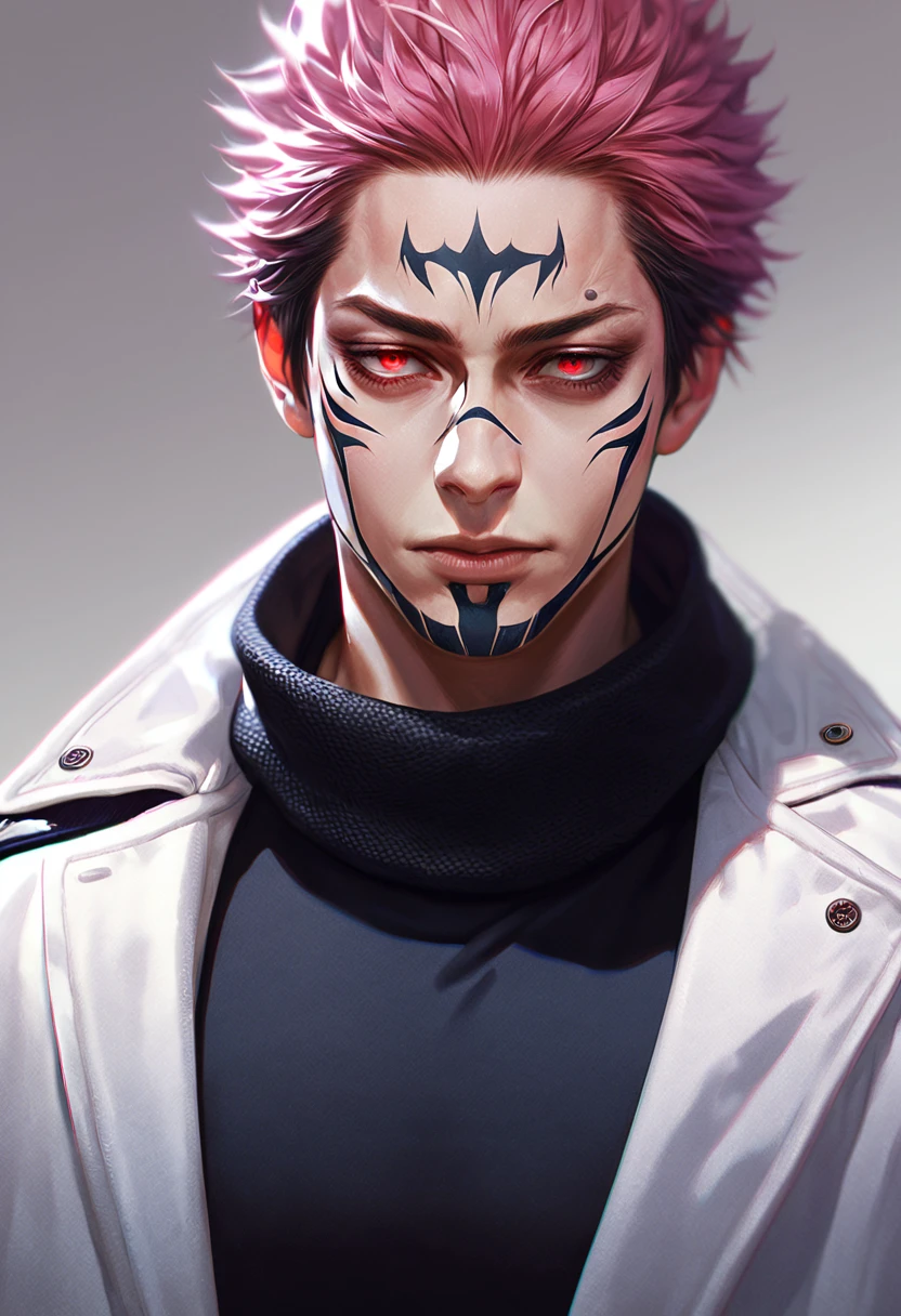 Super detailed, High resolution, Absurd, High resolution, Realistic、Ryoumen Sukuna, Pink Hair, Red eyes, Black scarf, White long coat, Black tight shirt, JUJUTSU KAİSEN,