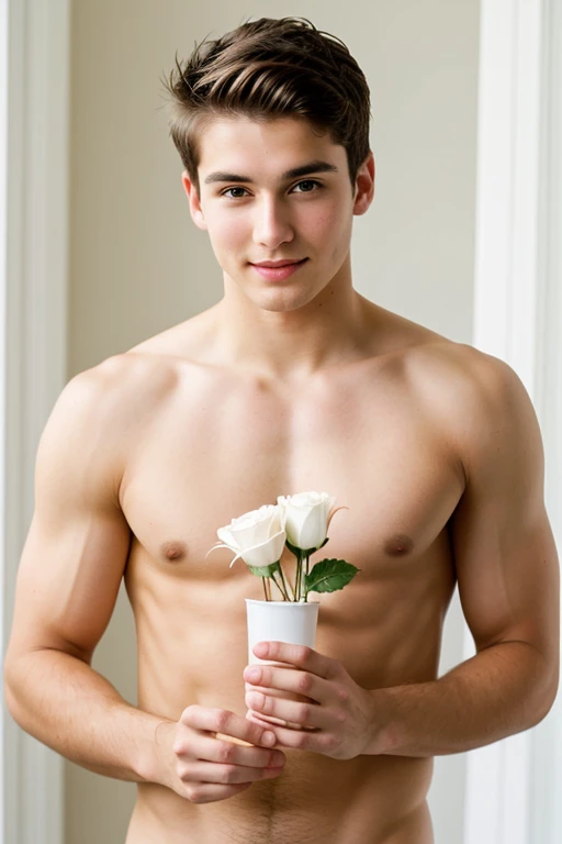 Young cute handsome white angelic face shirtless flower in his hand