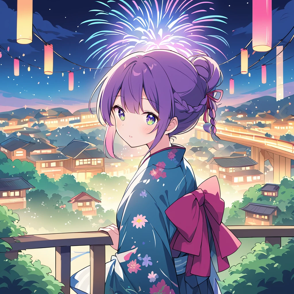 A girl with shoulder-length peal purple twin braids, green and black eyes, and hair tied at both sides of her head with a pink ribbon, wearing a beautiful yukata. She is standing on a lush, green hill, looking at a suspension bridge from a distance. The scene is set at night, with a spectacular fireworks display in the sky above the bridge. She is looking up with a joyful and amazed expression. The yukata is adorned with floral patterns and vibrant colors. The bridge and fireworks are the focal points in the distance, creating a dramatic and festive atmosphere. The perspective is dynamic, capturing the depth of the scene from slightly above. The art style is comic-inspired, with bold lines, vibrant colors, and expressive details.