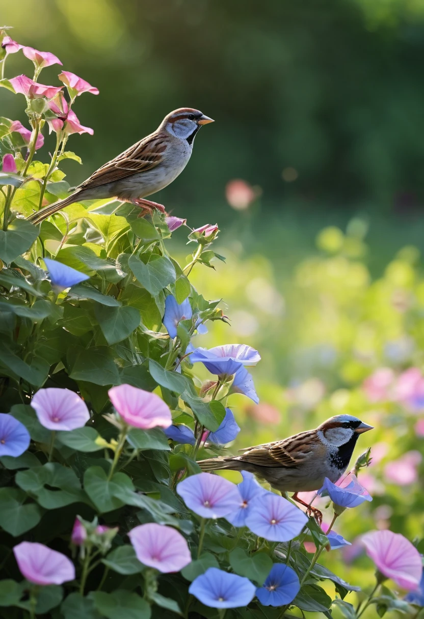 8K quality, ultra-high definition and realistic, a flock of sparrows, a summer morning, descending to a garden where morning glories are blooming to peck at food, the background is blurred, a refreshing impression of a summer morning, the camera focuses on the sparrows and morning glories, the morning glories have blue and pink flowers in bloom, the light shines in from an angle, the shadows are deep.