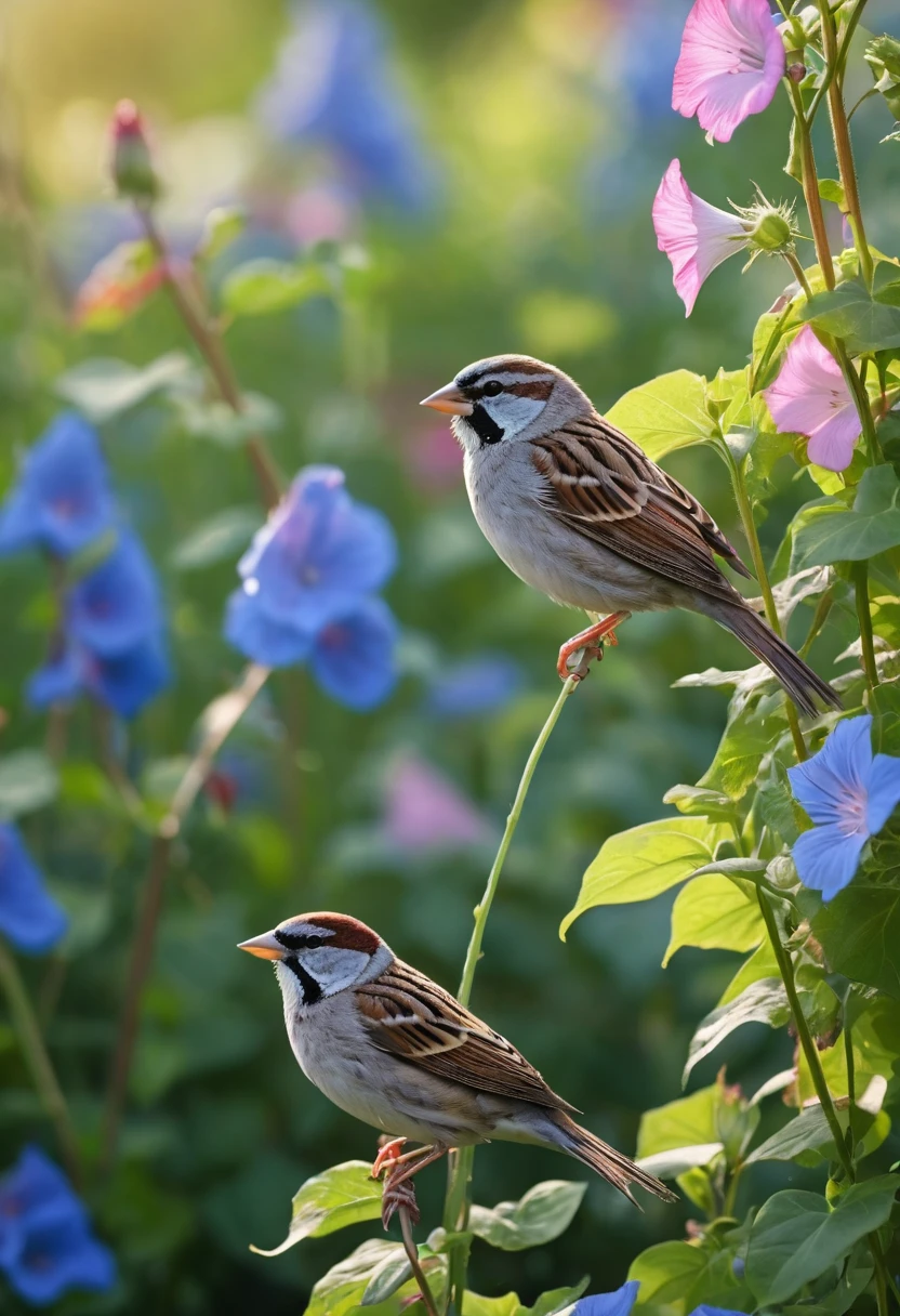 8K quality, ultra-high definition and realistic, a flock of sparrows, a summer morning, descending to a garden where morning glories are blooming to peck at food, the background is blurred, a refreshing impression of a summer morning, the camera focuses on the sparrows and morning glories, the morning glories have blue and pink flowers in bloom, the light shines in from an angle, the shadows are deep.