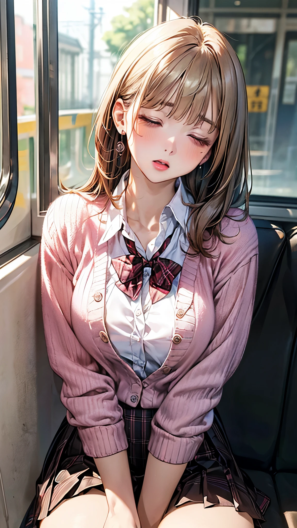 (masterpiece:1.2, top-quality), (realistic, photorealistic:1.4), beautiful illustration, (natural side lighting, movie lighting), depth of fields, nsfw,
beautiful detailed hair, beautiful detailed face, beautiful detailed eyes, beautiful clavicle, beautiful body, beautiful chest, beautiful thigh, beautiful legs,
looking at viewer, 1 girl, , (perfect anatomy, anatomically correct, super detailed skin), cute and symmetrical face, perfect face, perfect eyes,
(middle hair, straight hair, curvy hair, ash blonde hair), blunt bangs, break gold eyes, big eyes, (medium breasts, seductive thighs), perfect body, shiny skin, pink skin,
(detailed cloth texture, break white collared shirt, break (long sleeve pink knit cardigan), break dark brown pleated skirt, break dark red plaid bow tie), break
(beautiful scenery), (sit against the wall, train interior), break ((sleeping, closed eyes)), (:o, head tilt),