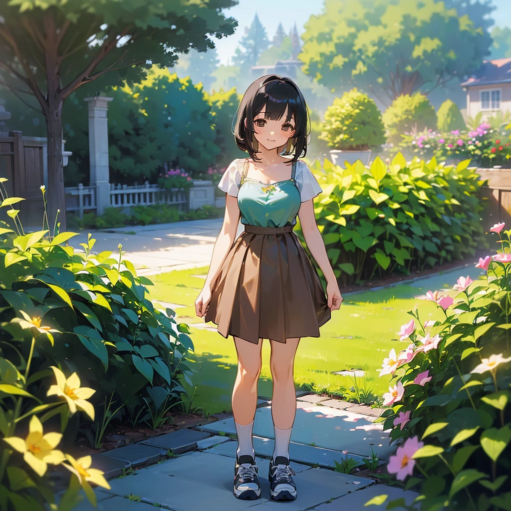 (high quality, High resolution, Very detailed, reality:1.37), Peaceful atmosphere, (Outdoor, garden), age girl standing alone, (my breasts are big.), Beautiful details, Cute Smile, (Black bob hair), camisole, Brown Skirt, Blue socks, sneakers.