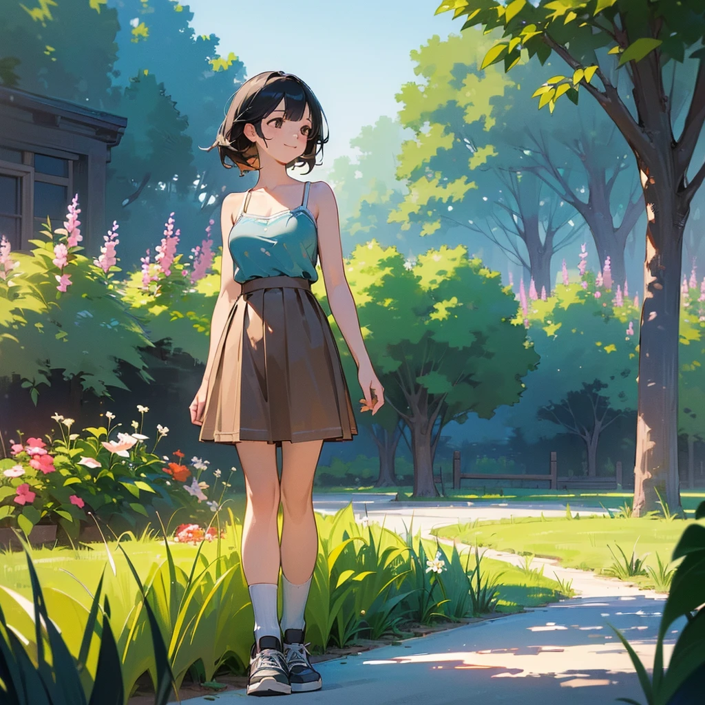 (high quality, High resolution, Very detailed, reality:1.37), Peaceful atmosphere, (Outdoor, garden), Teenage girl standing alone, (my breasts are big.), Beautiful details, Cute Smile, (Black bob hair), camisole, Brown Skirt, Blue socks, sneakers.