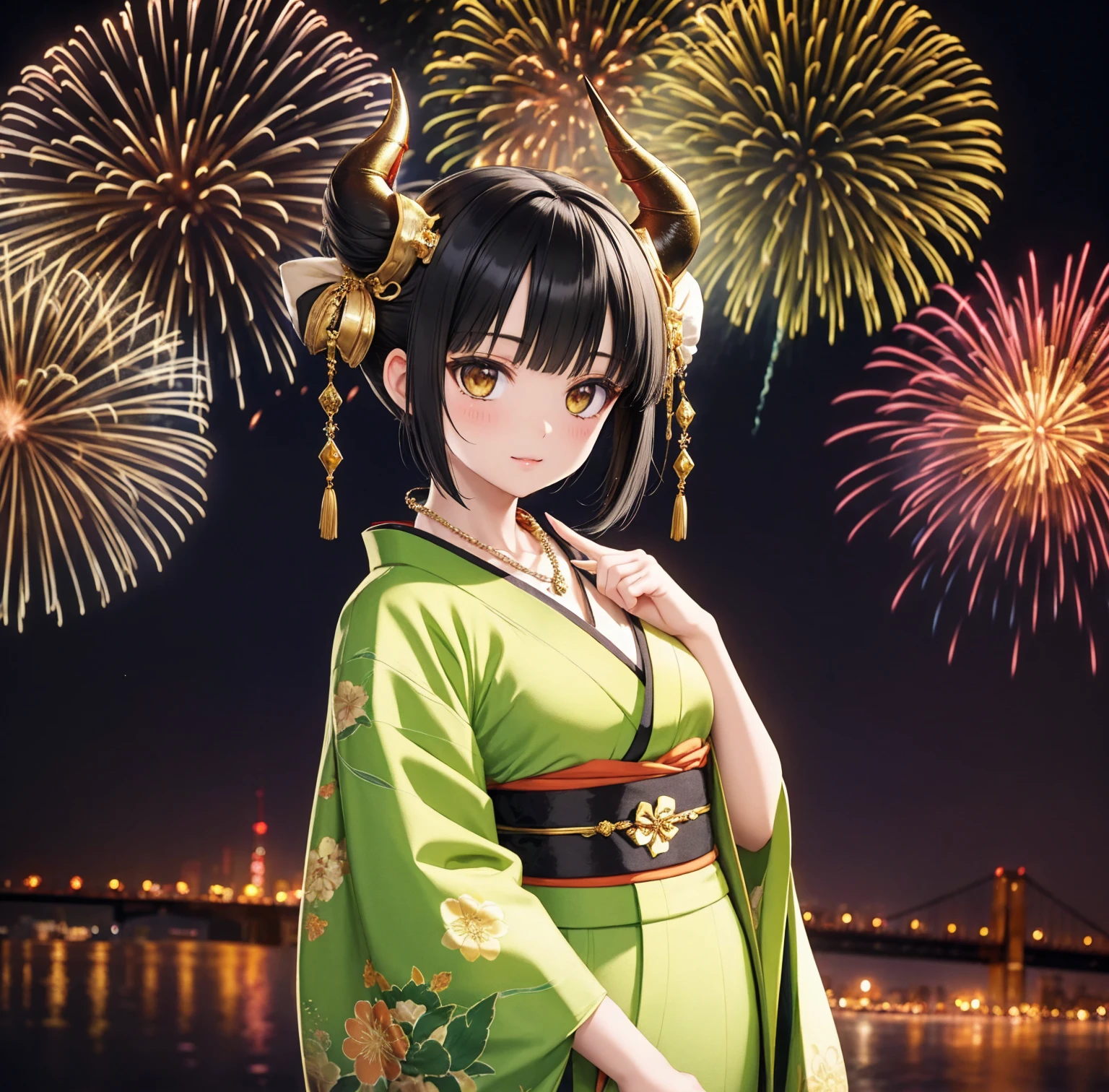 1 person、Green Gorgeous Kimono、,Race,Black Hair、Short bun hair、hair ornaments、necklace、return、Golden devil horns、Anatomically correct,Fireworks in the night sky、