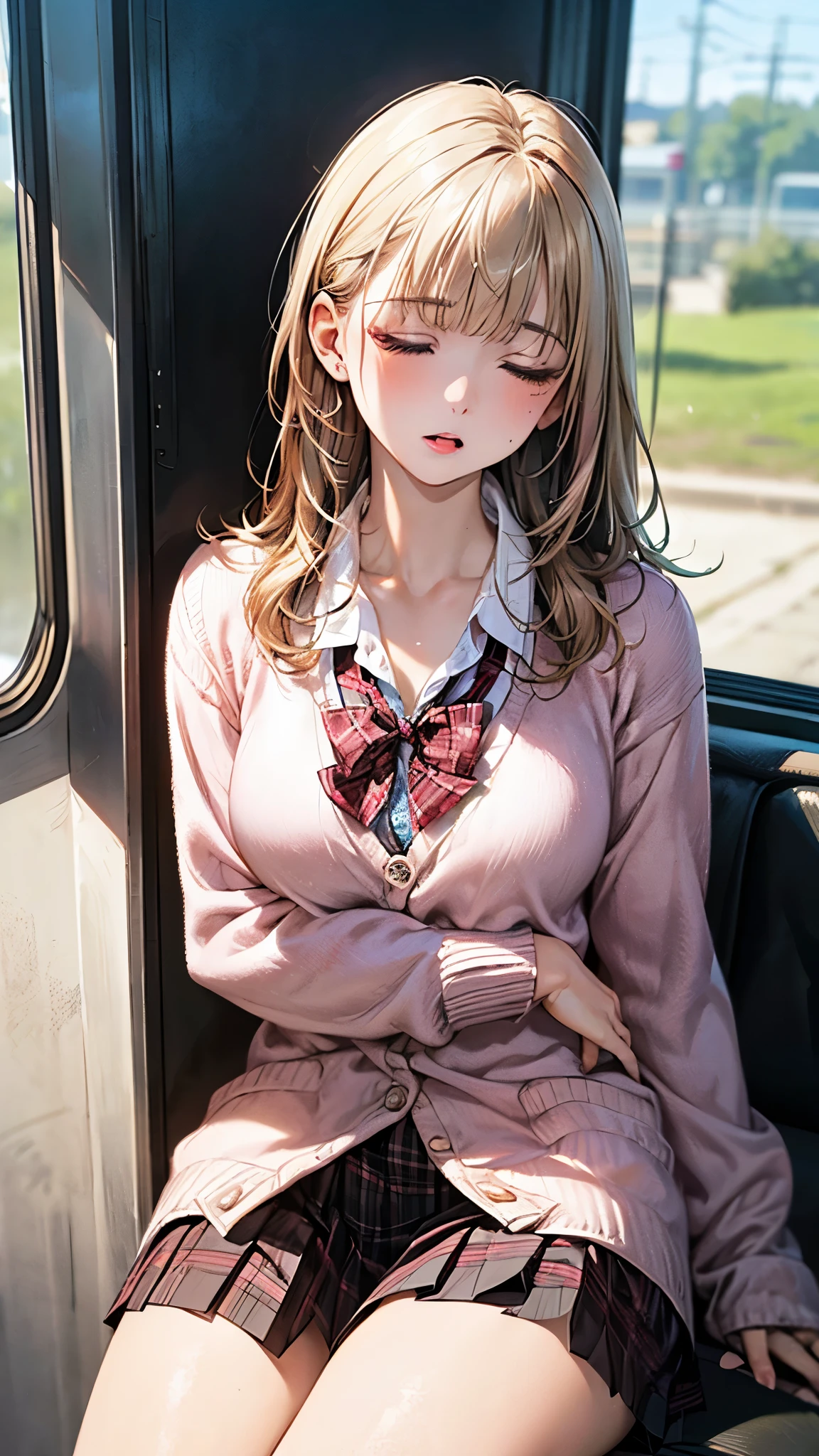 (masterpiece:1.2, top-quality), (realistic, photorealistic:1.4), beautiful illustration, (natural side lighting, movie lighting), depth of fields, nsfw,
beautiful detailed hair, beautiful detailed face, beautiful detailed eyes, beautiful clavicle, beautiful body, beautiful chest, beautiful thigh, beautiful legs,
looking at viewer, 1 girl, , (perfect anatomy, anatomically correct, super detailed skin), cute and symmetrical face, perfect face, perfect eyes,
(middle hair, straight hair, curvy hair, ash blonde hair), blunt bangs, break gold eyes, big eyes, (medium breasts, seductive thighs), perfect body, shiny skin, pink skin,
(detailed cloth texture, break white collared shirt, break (long sleeve pink knit cardigan), break dark brown pleated skirt, break dark red plaid bow tie), break
(beautiful scenery), (sit against the wall, train interior), break ((sleeping, closed eyes)), (:o, head tilt),