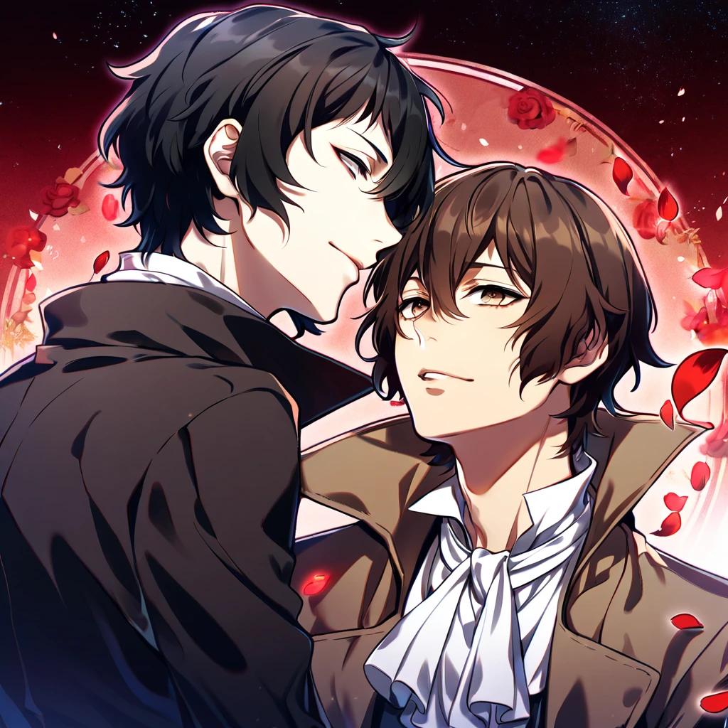 absurdres, highres, ultra detailed, HDR, master piece, best quality, extremely detailed, Akutagawa Ryuonosuke, black hair, expressive gray eyes, Bungou Stray Dogs, Dazai Osamu , brown hair, expressive brown eyes, two sexy men together, yaoi, gay couple, handsome, black coat with high collar, white shirt, brown coat, white cravat, cross, red butterflies, petals, magical, red roses, fantasy, red water, starry sky