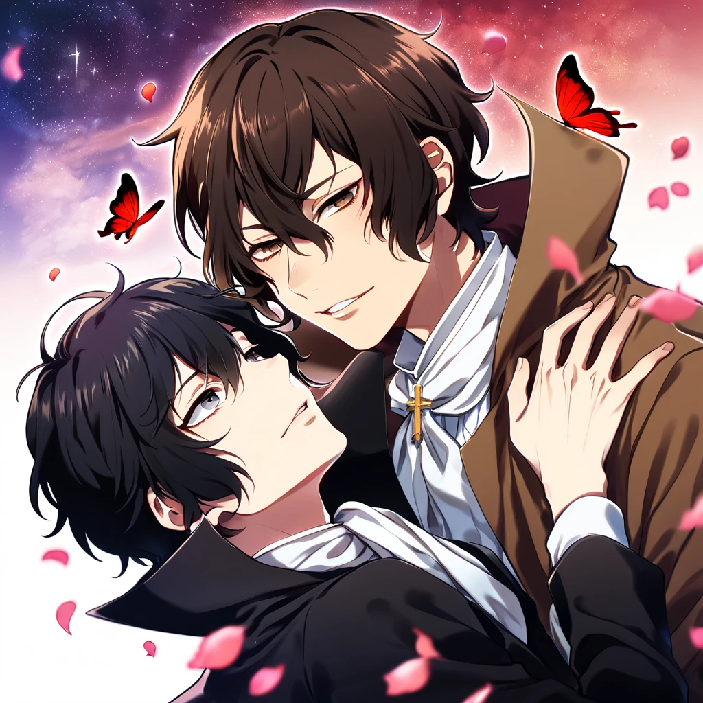 absurdres, highres, ultra detailed, HDR, master piece, best quality, extremely detailed, Akutagawa Ryuonosuke, black hair, expressive gray eyes, Bungou Stray Dogs, Dazai Osamu , brown hair, expressive brown eyes, two sexy men together, yaoi, gay couple, handsome, black coat with high collar, white shirt, brown coat, white cravat, cross, red butterflies, petals, magical, red roses, fantasy, red water, starry sky