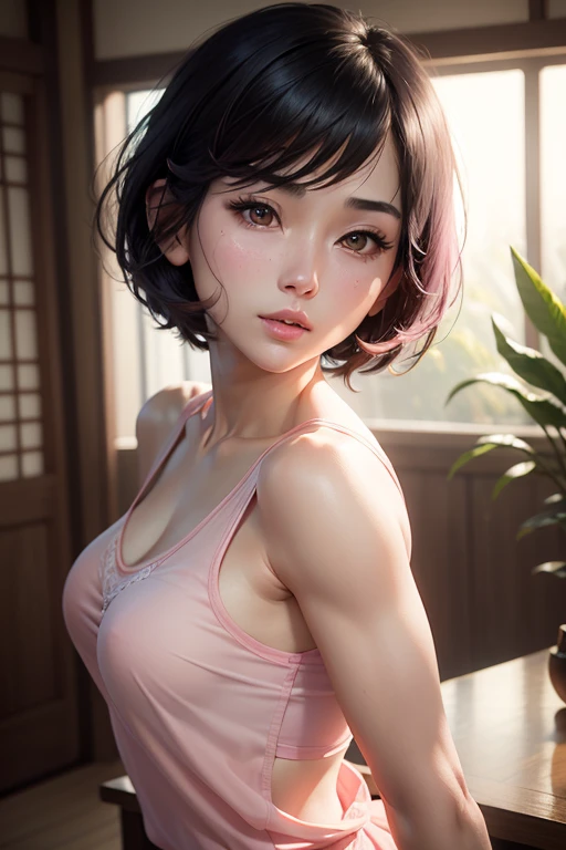(Masseter muscle area), Realistically, Photorealist, A Japanese beauty, Beautiful Face、A vivid face、Short black hair、Beautiful Hair、Lips parted, Realistic Skin、Beautiful skins、Charm、Cute pale pink organza blouse、 Upper body,Detailed,Dark Background,Backlight、