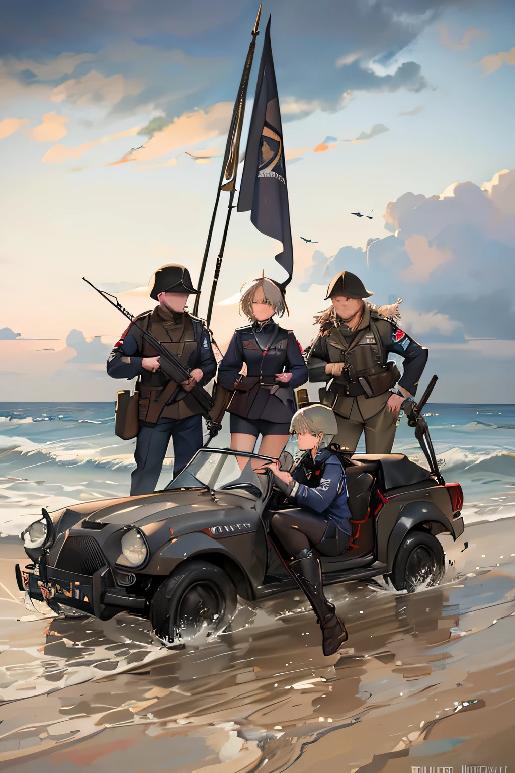 Many people standing in the city,Hold the flag, Valve Promotional Spray Painting, author:Tadeusz Pruszkowski, author:Ludwik Konarzewski, Cyber demons on Omaha Beach, Stormy war scene, The price of ncr, Storming the Normandy Beaches, WWII Normandy Foy Arnhem 1944