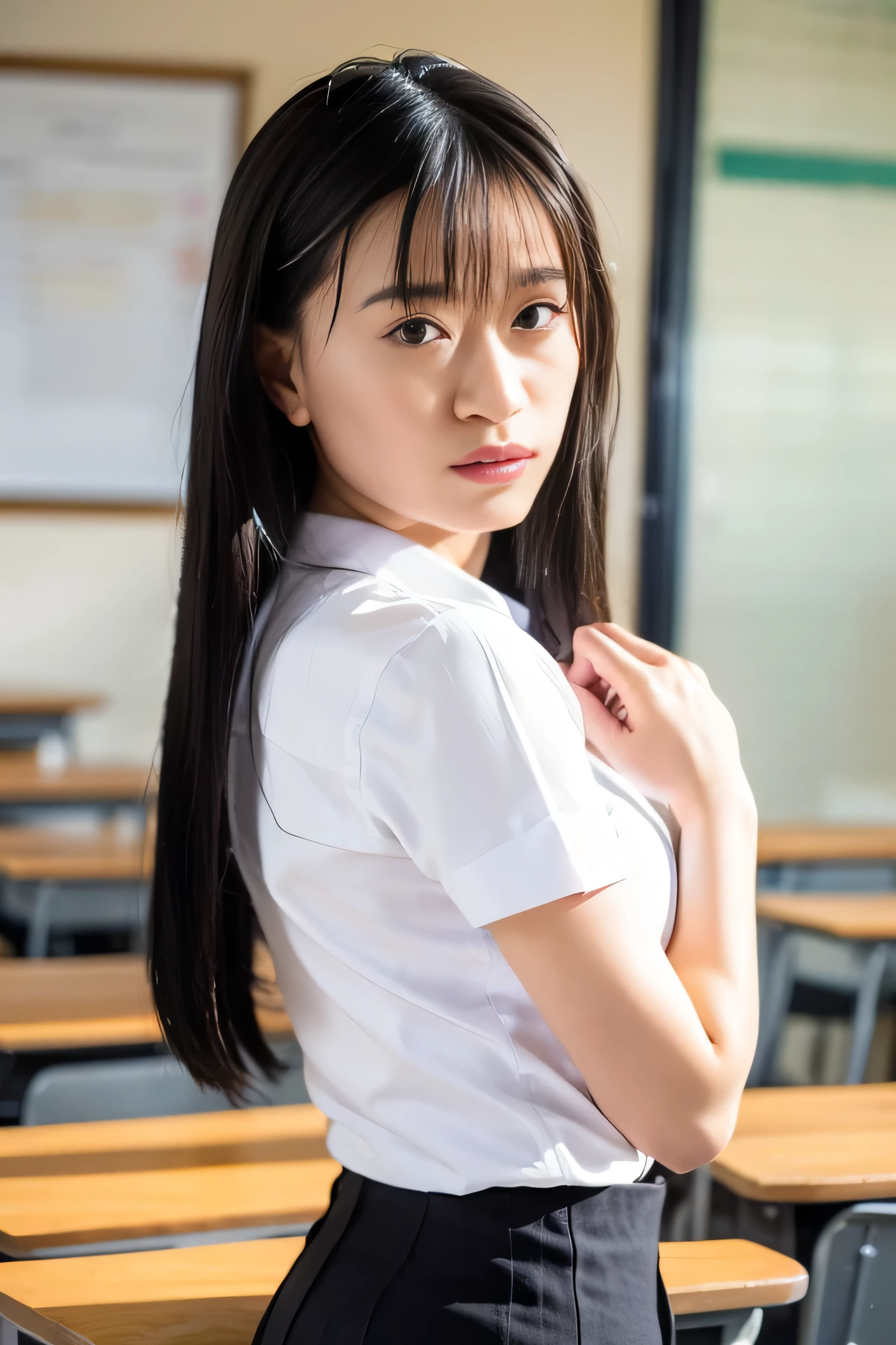 Close up,1 girl{{A beautiful woman wearing a white short-sleeved shirt and a short black A-line skirt}},Stand with your back turned and look at the camera, in the classroom, striking a sexy pose.  with several lecture tables set up behind it  There is a sliding glass window.  There was evening light streaming into the room.