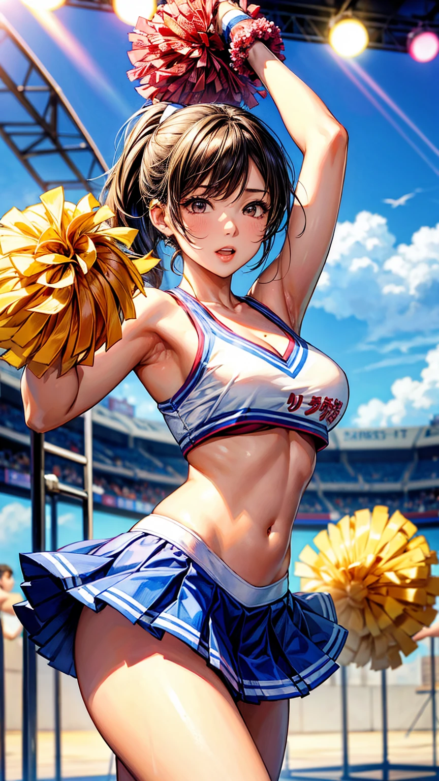 In the hot summer sunshine、A beautiful cheerleader is dancing with a pom-pom。Sexy and seductive atmosphere。