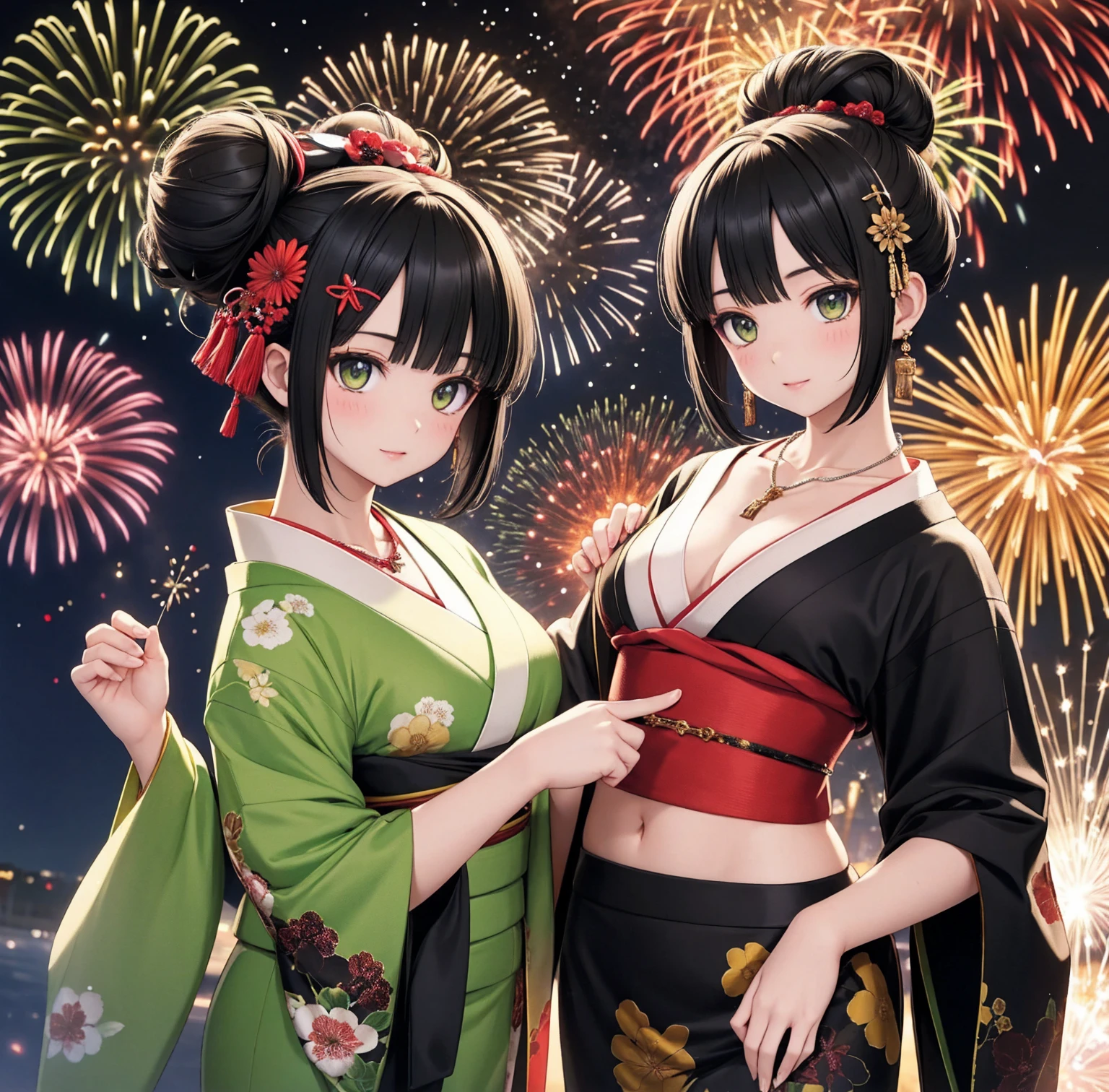 1 person、Green Gorgeous Kimono、,Race,Black Hair、Short bun hair、hair ornaments、necklace、return、Anatomically correct,Fireworks in the night sky、