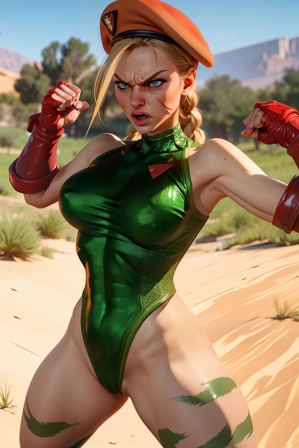 Hyper realistic super detailed sexy Cammy, Very detailed, (hyper realistic: 1.4), ((Hot body, in dynamic fight pose, angry face)), ((camel toes)), big pussy, Classic green suite, twin long braids, blonde hair, blue eyes, scar on cheek, green leotard, sleeveless, Red beret, red gloves, fingerless gloves, legs camouflage. (((army background))).
