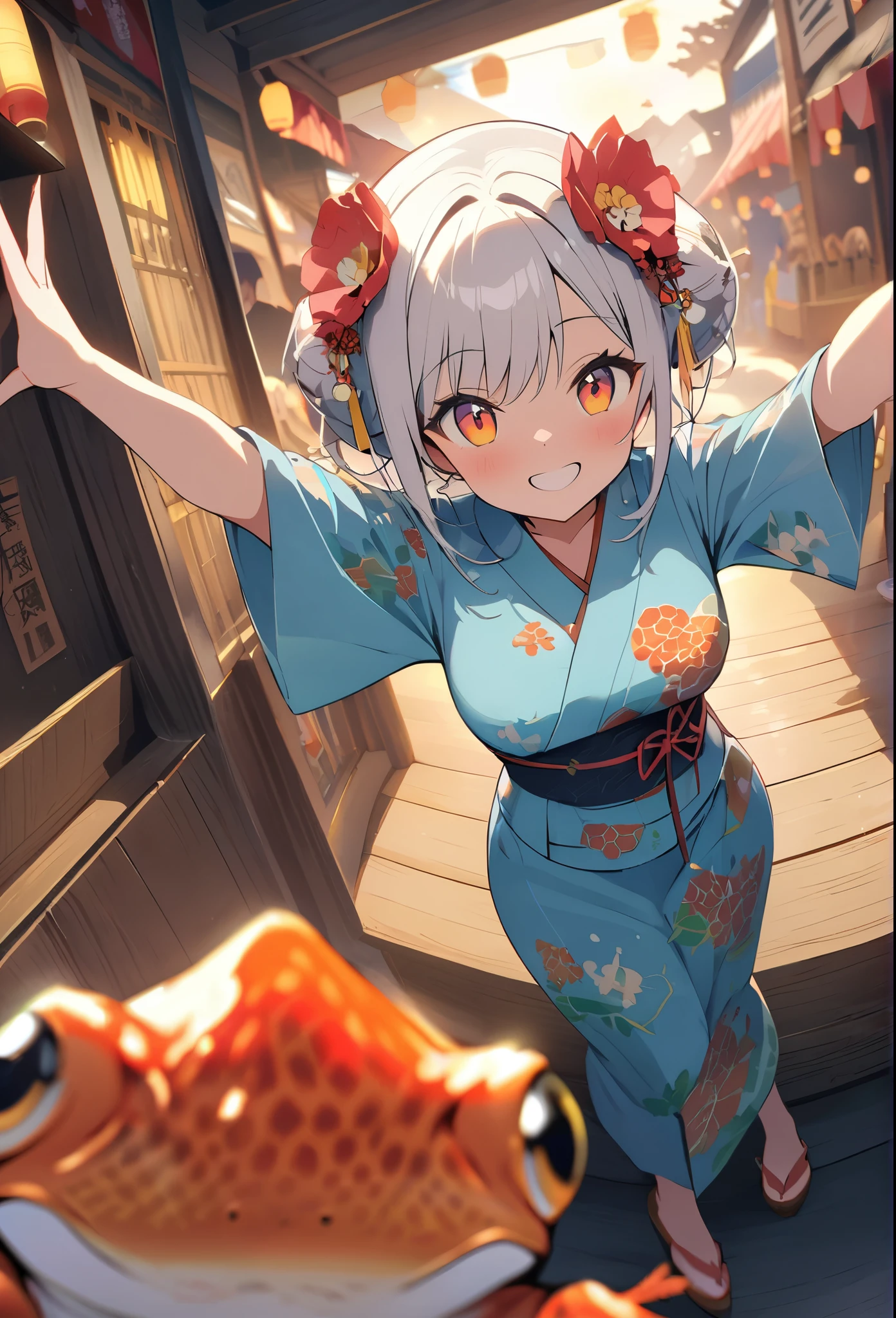 anime、anime調、デジタルanimeアート、Flat Design,(masterpiece:1.2)、high quality、High resolution、Very detailed、(Amazingly absurd:1.2)、(frogs eye view),Festival Venue、Girl in Yukata、Goldfish pattern yukata、Shot、Pose with arms outstretched、Pause、Bright smile、hair ornaments