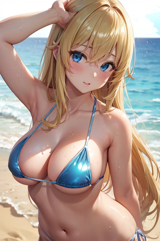 (((Upper Body、))、(((Accentuate your breasts、Shiny swimwear)))、Highest quality, 8k, masterpiece :1.3)), whole body, Sharp focus :One Girl,Glowing Skin,SSexy pose,Highest quality,Tabletop,shape,Very delicate and beautiful,Hmph,8k壁紙,wonderful,In detail,Official Art,Very detailedなティッカーUnity 8k壁紙,Unbelievably ridiculous,Large file size,Very detailedな,High resolution,Very detailed,Beautiful detailed girl,Realistic,X-ray,The queue is full,(((Sexy Micro Bikini)))、(((Big Breasts、blonde)))、(((Hawaii、Ocean、Sandy Beach)))、Stand upright、Cleavage , ((長いblonde))、Sexy Micro Bikini、Sexy pose、Hairstyle: Long hair、both hands、blue eyes