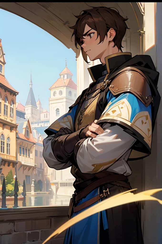 Male ,Young adult, Brown Hair, Town Background, Knight
