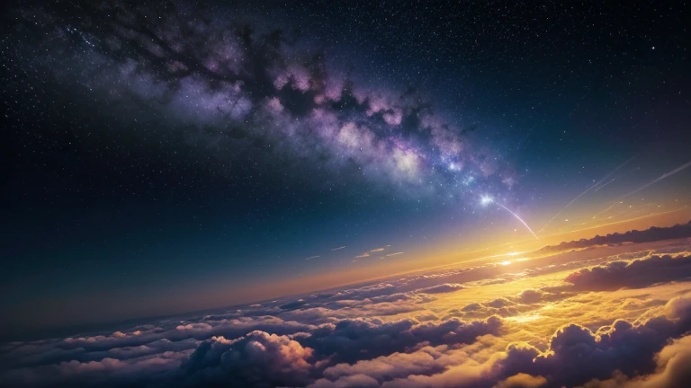 "Create a celestial image in high definition. The image must represent a divine sky, with soft bright clouds, bathed in a golden light that radiates peace and serenity. Include a celestial horizon with shades of blue and purple, harmoniously mixed, creating a sense of infinity and transcendental beauty. Add ethereal elements like rays of celestial light piercing the clouds and tiny twinkling stars scattered across the sky. The image should convey an atmosphere of tranquility, spirituality and wonder, evoking the feeling of being in a divine realm."