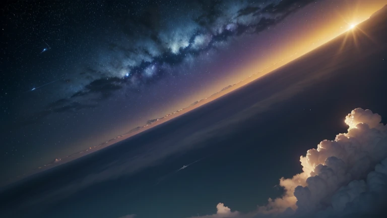 "Create a celestial image in high definition. The image must represent a divine sky, with soft bright clouds, bathed in a golden light that radiates peace and serenity. Include a celestial horizon with shades of blue and purple, harmoniously mixed, creating a sense of infinity and transcendental beauty. Add ethereal elements like rays of celestial light piercing the clouds and tiny twinkling stars scattered across the sky. The image should convey an atmosphere of tranquility, spirituality and wonder, evoking the feeling of being in a divine realm."