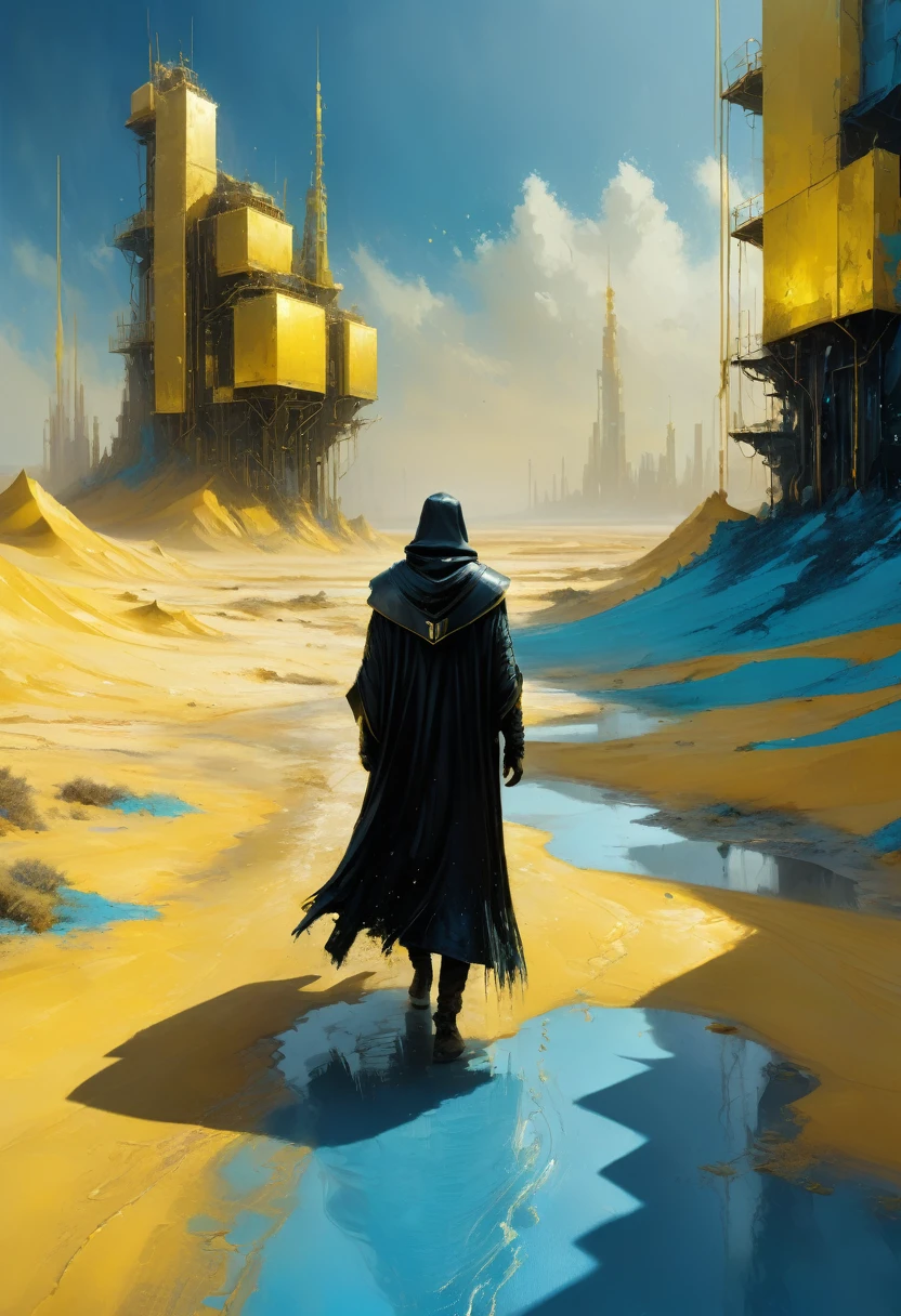 Pixelart por Jeremy Mann, Man in black cape in the yellow desert walking alone finding a new city in the sands, mostly blue tones and small details in yellow, 4D high relief texture painting, construction, construction site, Building in the background, floor, 8k, 4D, futuristic, water tank in the background, ornate desert, aerial view, view from far away, photorealism, abstract impressionism