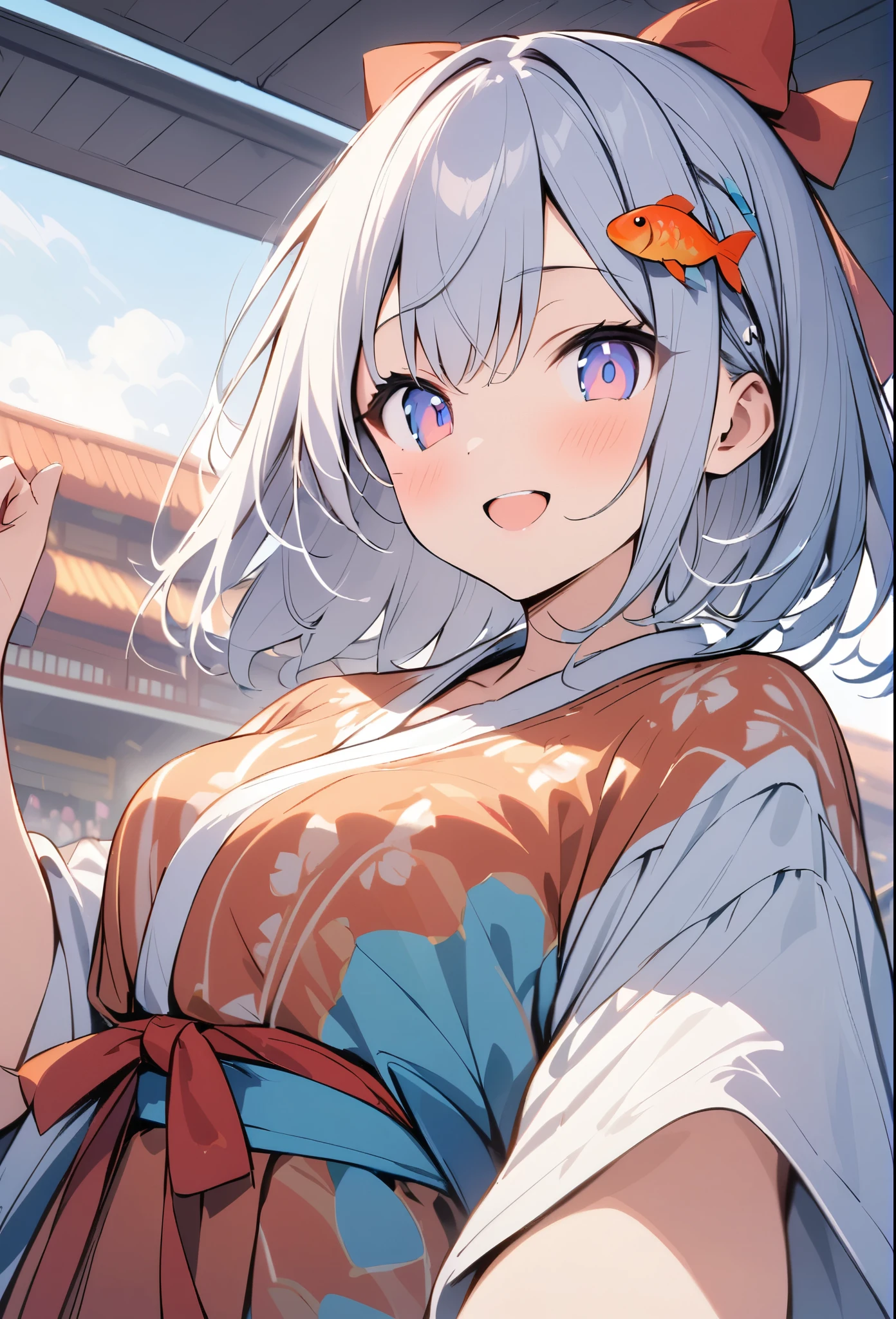 アニメ、アニメ調、デジタルアニメアート、Flat Design,(masterpiece:1.2)、Back blur、sense of distance、high quality、High resolution、Very detailed、(Amazingly absurd:1.2)、(frogs eye view),BREAK、Festival Venue、Girl in Yukata、Goldfish pattern yukata、Shot、BREAK、Pose with arms outstretched、tracing、Bright smile、hair ornaments