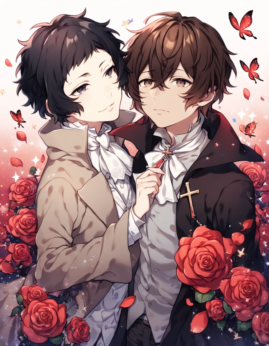 absurdres, highres, ultra detailed, HDR, master piece, best quality, extremely detailed, Akutagawa Ryuonosuke, black hair, expressive gray eyes, Bungou Stray Dogs, Dazai Osamu , brown hair, expressive brown eyes, two sexy men together, yaoi, gay couple, handsome, black coat with high collar, white shirt, brown coat, white cravat, cross, red butterflies, petals, magical, red roses, fantasy, red water, starry sky