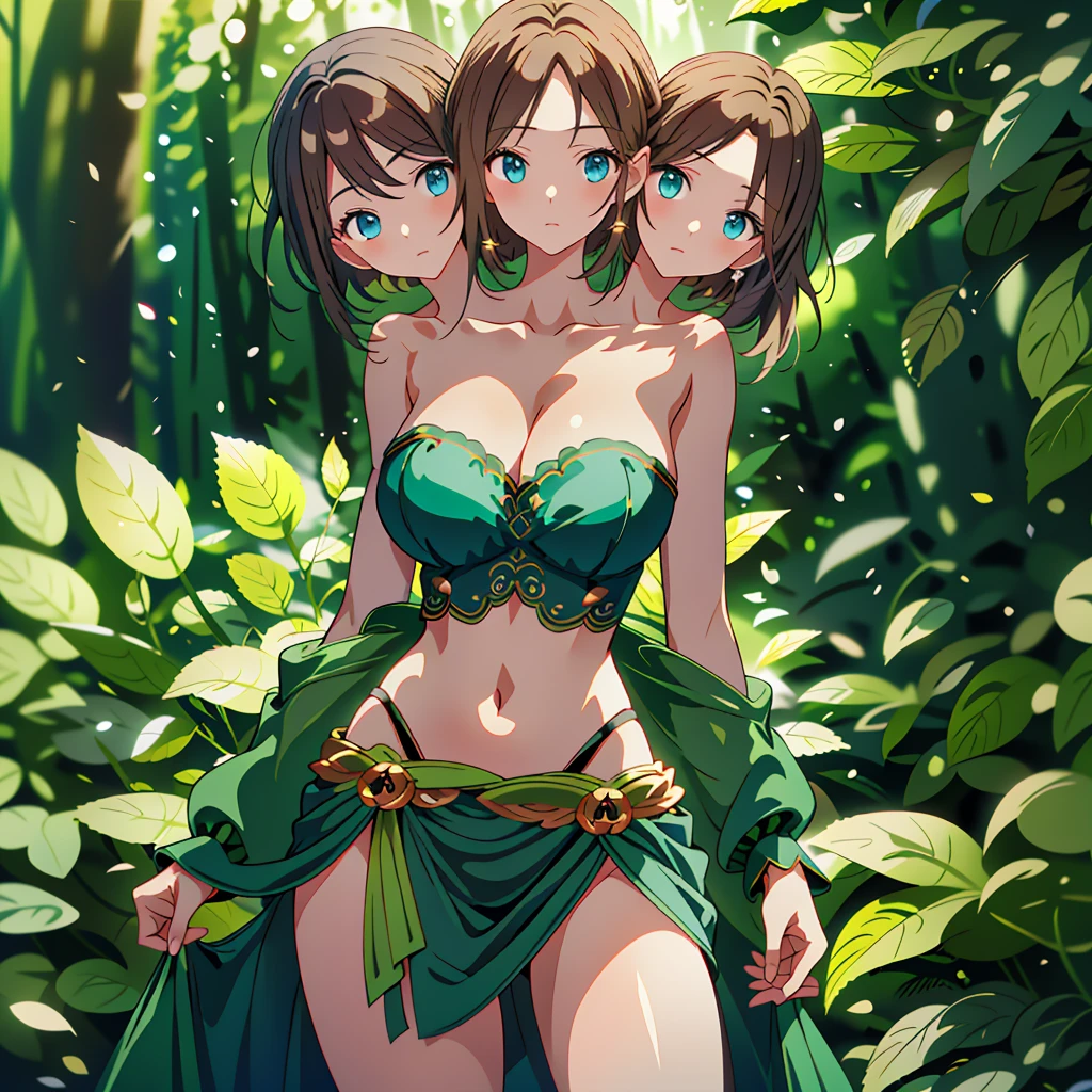 (masterpiece),(ultra-detailed), (high quality), (high resolution), (best quality:1.5, highres, UHD), highres, absurdo, ultra detail, ultra quality, Ultra resolution, 16k, ((3heads:1.5)), 1girl, anime girl with two heads, (brown hair), very huge breasts, cleavage, cropped t-shirt, detailed dark blue green color eyes), casual dress, sexy proportions, Beautiful girl with accentuated slender abs, long legs, seductive woman, lustrous and smooth skin, cowboy shot, ((temperate forest background)), mature woman, ((ettin))