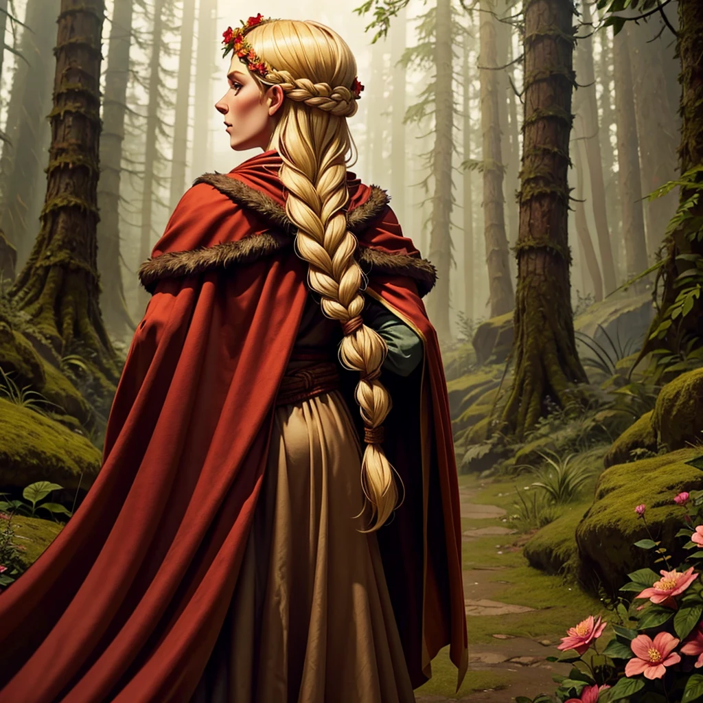 Viking woman standing with her back to me in a foggy forest. Blonde rope braid hair with a flower crown. Wearing a red medieval dress & a fur cloak. Dungeons & dragons character.