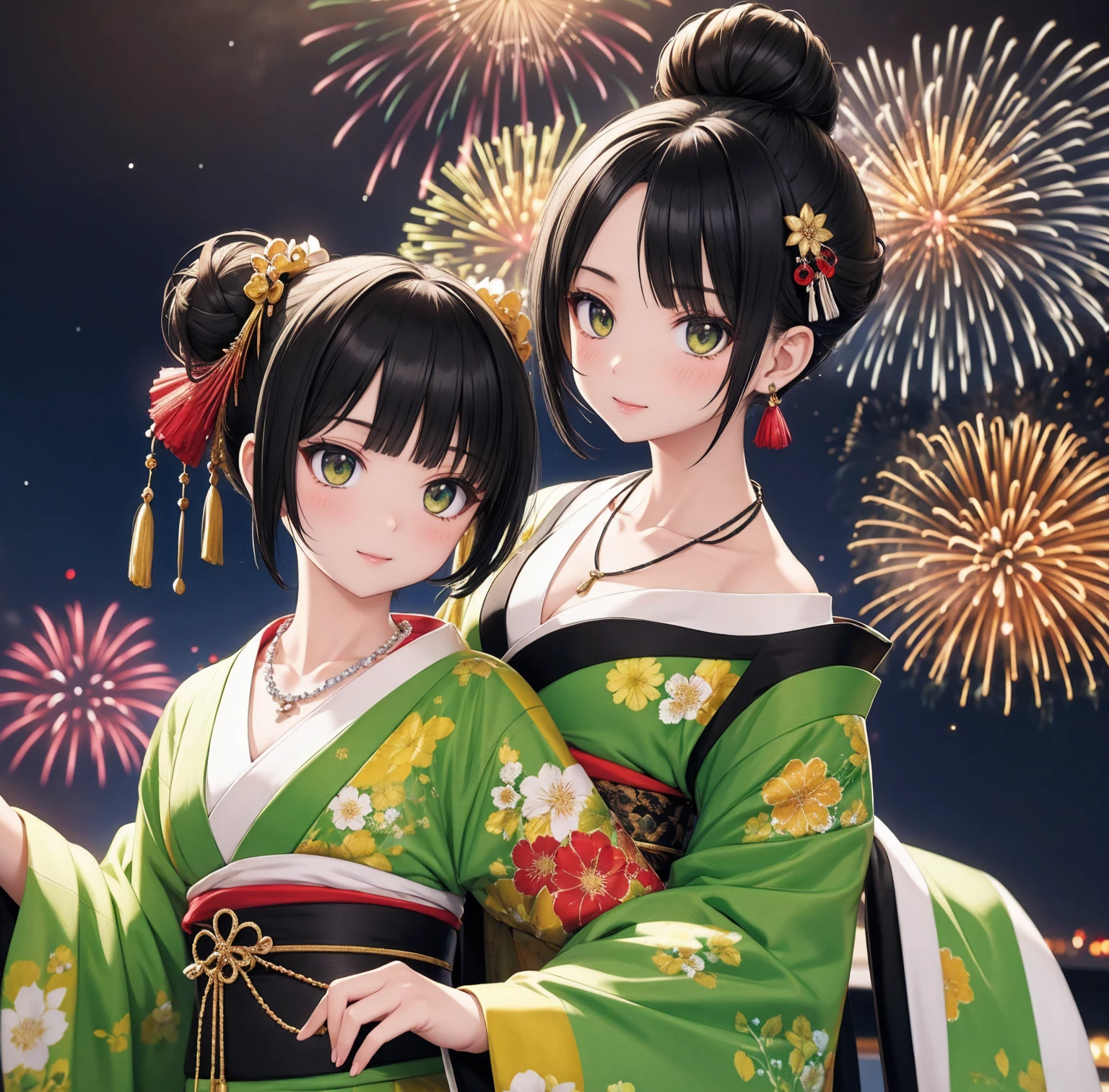 1 person、Green Gorgeous Kimono、,Race,Black Hair、Short bun hair、hair ornaments、necklace、return、Anatomically correct,Fireworks in the night sky、