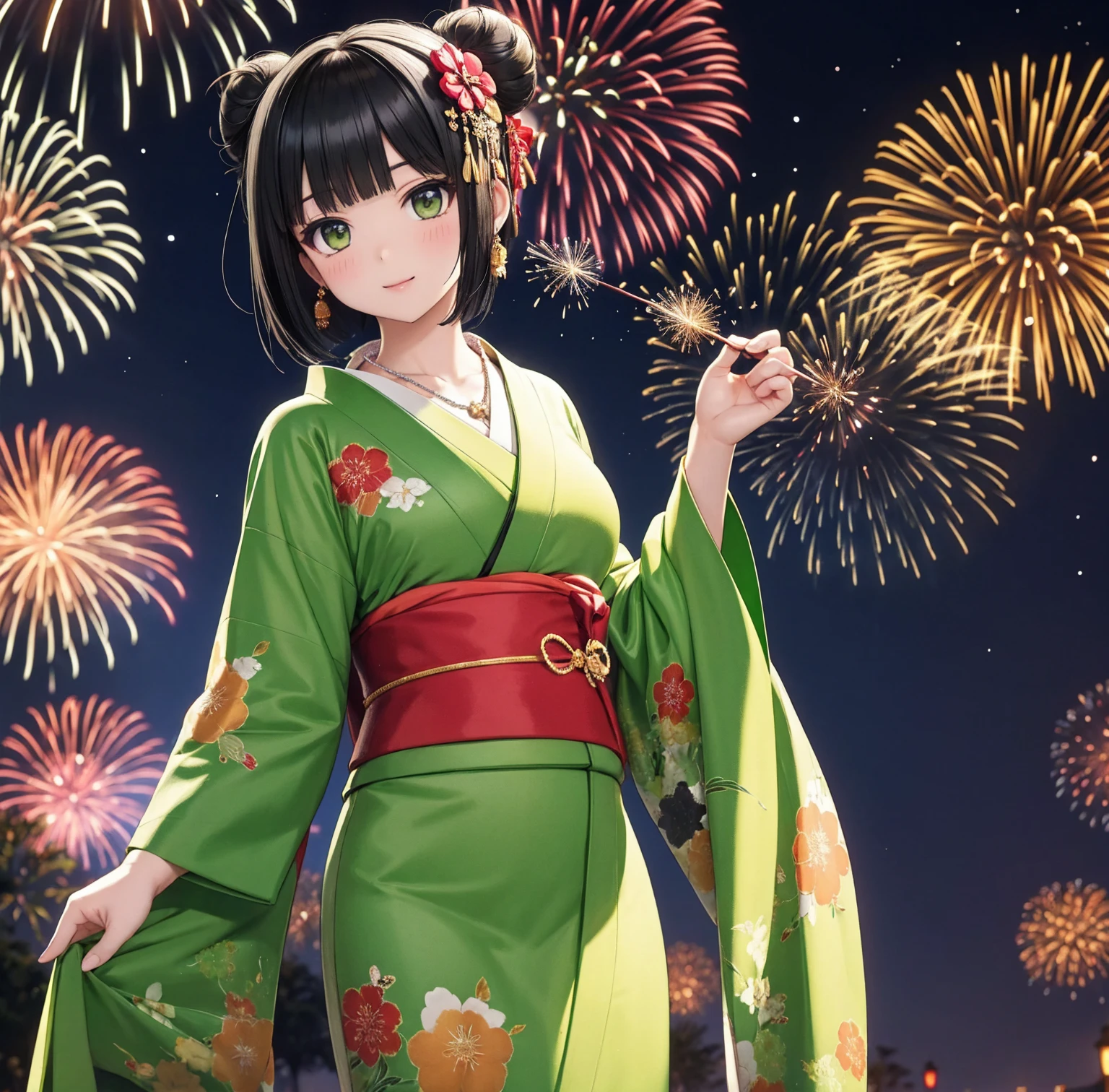 1 person、Green Gorgeous Kimono、,Race,Black Hair、Short bun hair、hair ornaments、necklace、return、Anatomically correct,Fireworks in the night sky、