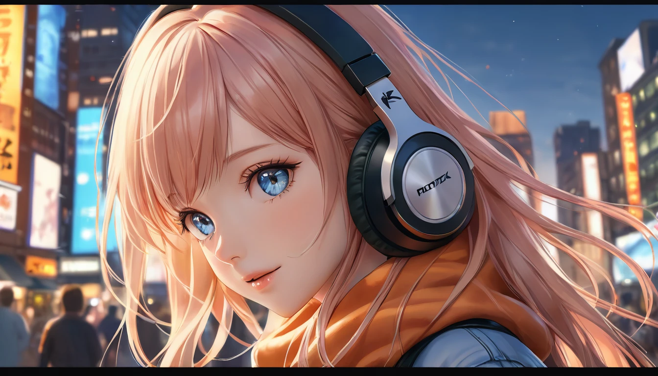 a beautiful girl wearing headphones, listening to music in the city, shot from a long distance, anime style, detailed face, delicate features, beautiful eyes, cute expression, detailed clothing, city buildings in the background, warm lighting, vibrant colors, cinematic composition, photorealistic, 8k, (best quality,4k,8k,highres,masterpiece:1.2),ultra-detailed,(realistic,photorealistic,photo-realistic:1.37)