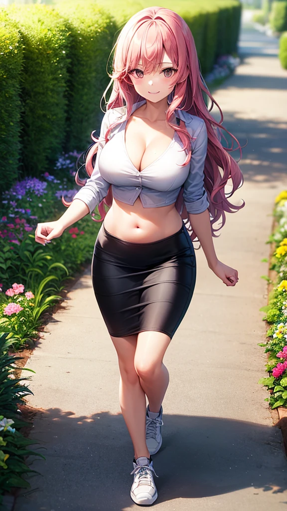 masterpiece, best quality, high detail, 1girl, beautiful woman with long wavy hair, pink hair, large bust, breasts, white button jacket, black midi pencil skirt, long skirt:1.25, sneakers, collarbone, midriff, belly button, summer, garden, full body, looking at viewer, smile, walking, motion blur, happy