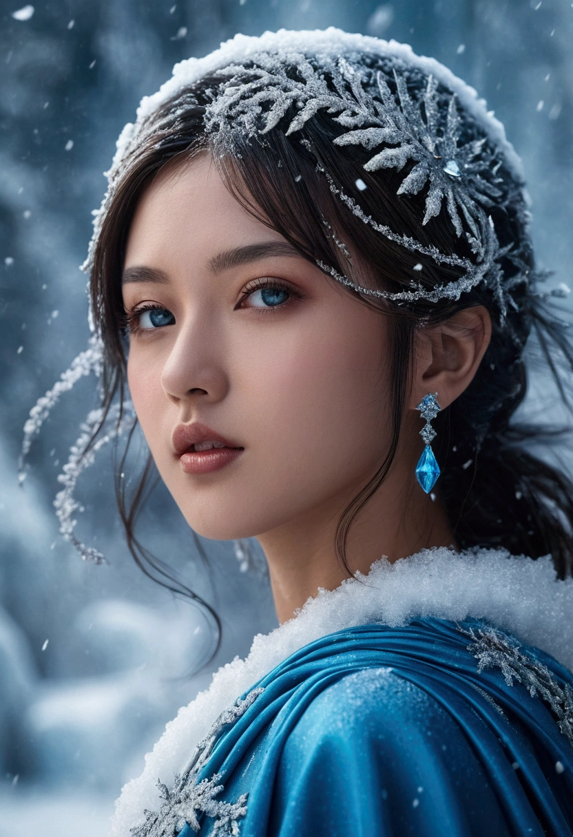 (((One girl:1.8))),Imperial Water,magician,(Loose dress:1.5),(Perfect Face:1.4),(Blue silk robe),(Mystical magical formations:1.2)、(Ice crystal scales),Blue glow,(Frostwing),Powerful Ice Magic,Icicle,Wind景の上を舞い上がる,Cyan light cold light,Ice storm,Wind,Flying snow and ice,Amazing results,,Highest quality,masterpiece,Ultra-high resolution,Every detail,Intricate details,8k resolution,8KUKG wallpapers,Hmph,Water Blue,Magic array,Cinematic Lighting Effects,Light and dark contrast,Ray Tracing、NVIDIA