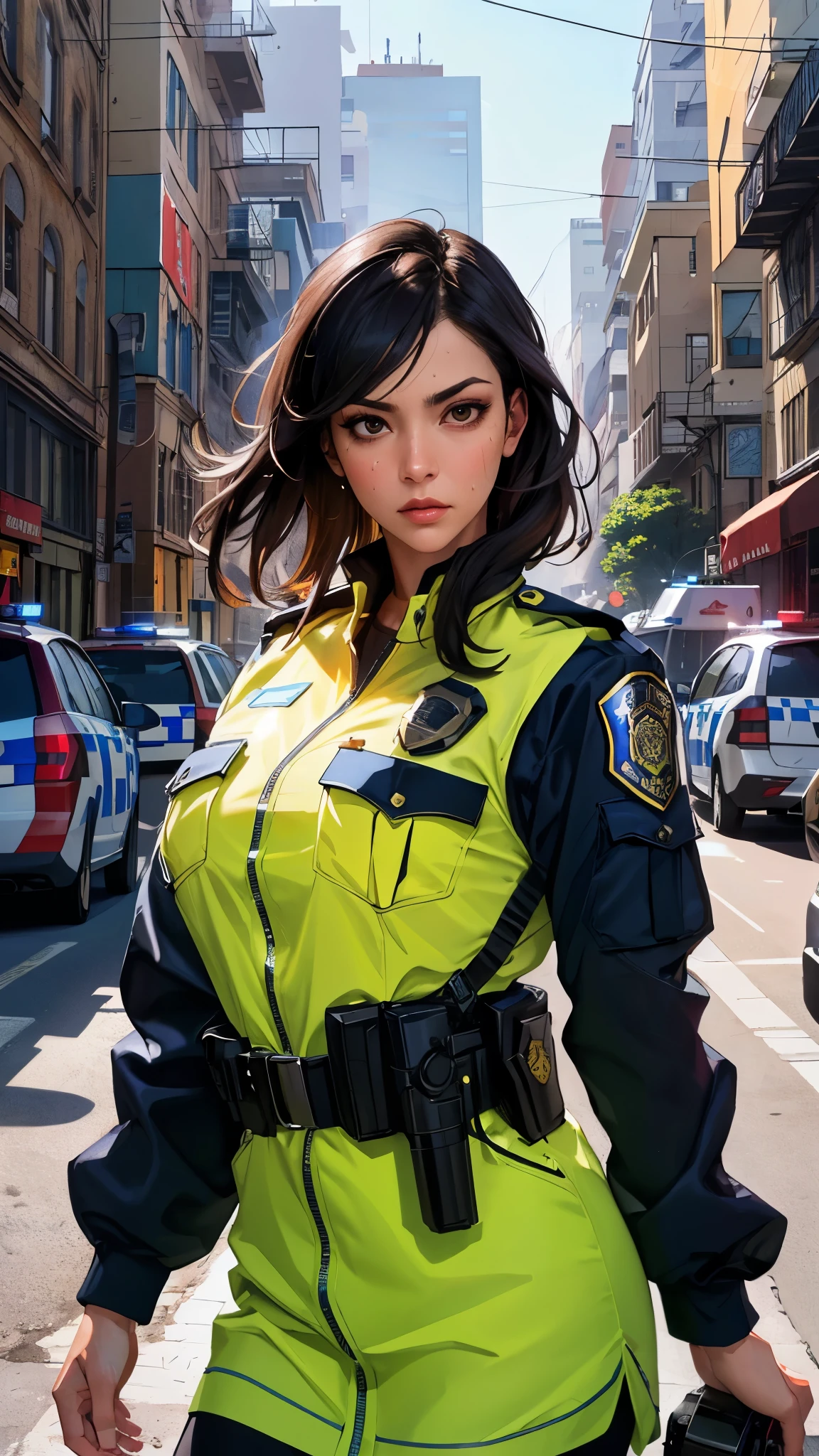 ((((masterpiece, best quality, high resolution)))), Extremely detailed 8K, 1 female, (Police Officer) wearing a cyberpunk police uniform and gear, (Ultra HD, Ultra-detailed, Highly detailed, Highly realistic, Ultra-realistic, photograph realistic), (1girl:1.5), (Realistic black hair), (dynamic poses), facing at camera, looking at viewer, (a serious focus face), (regular black eyes, sharp eyes), (perky breasts:1.2), (beautifully detailed face, beautiful detailed eyes), ((preparing for a police patrol)), (streets background), sweat, glow, (sunbeam, sunlight), ((cowboy shot)), seductive, EnvyBetterHands LoCon,