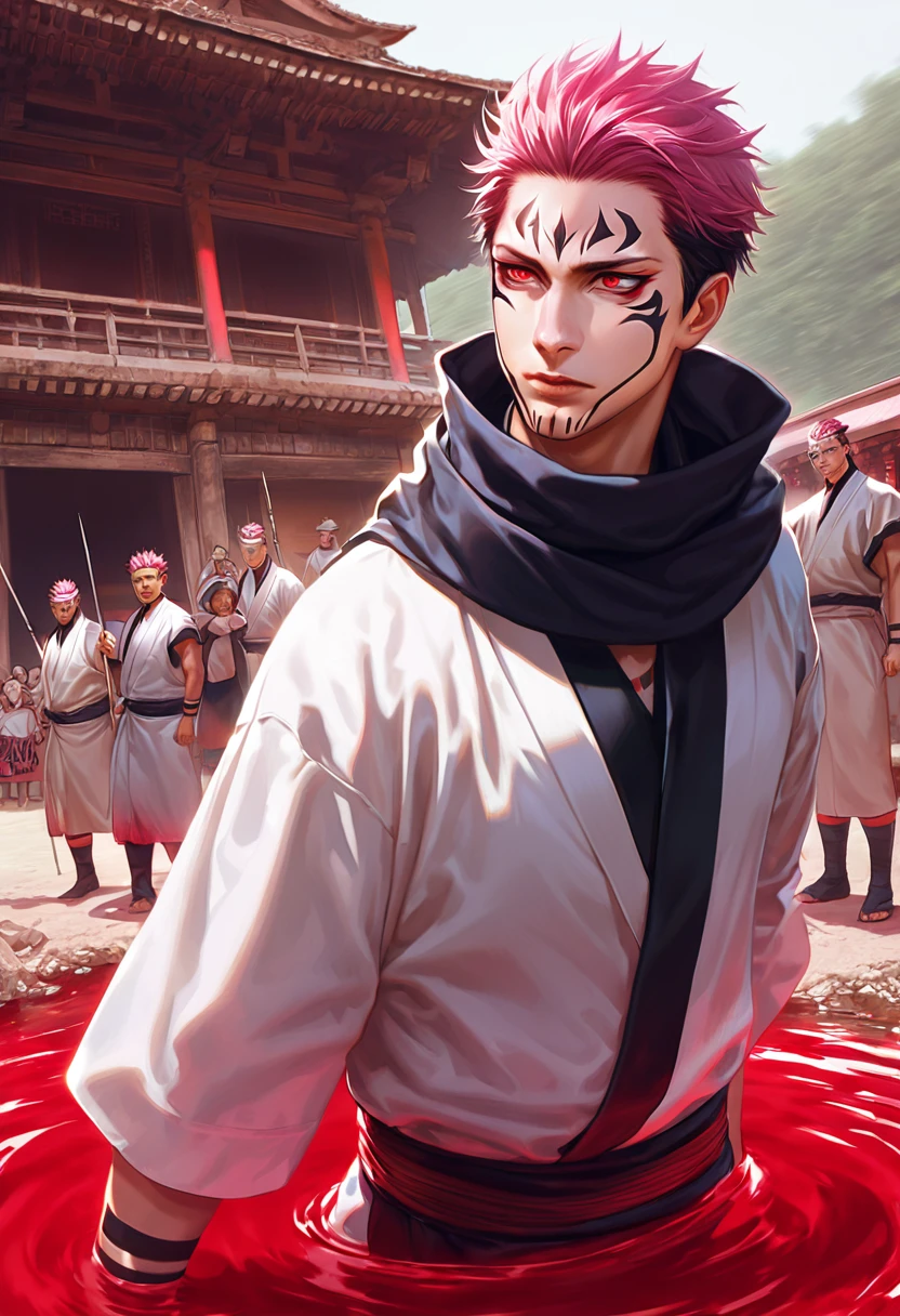 Super detailed, High resolution, Absurd, High resolution, Realistic、Ryoumen Sukuna, tribe, Pink Hair, Red eyes, Black scarf, White kimono, Black tight shirt, JUJUTSU KAİSEN, Red-black color、Standing on the red pond、A rustic temple in the background、Background Blur