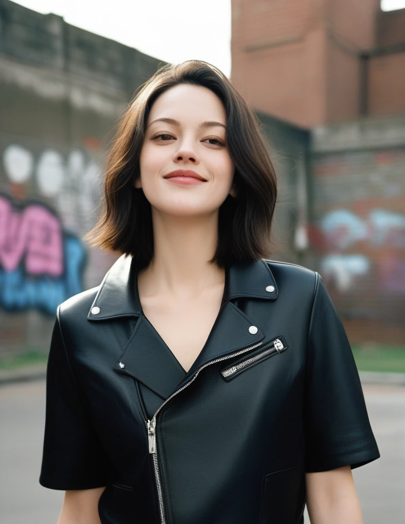 xxmixgirl, upper body of a beautiful cute long and slender face Japanese girl, A gorgeous young cute asian woman in a Glamorous leather rockstars outfit, happy smiling, still from the film, ((young Marion Cotillard face : 1.2)), ((young Anne Hathaway face: 1.0)), from front, realistic portrait photo of a cute 25 years old girl, looks at viewer, wavy nose, full lips, natural skin, skin moles,(cinematic, film grain:1.1), ((asian winged eyes, very long and slender slim face, windy tousled, long straight black bob)), medium breasts, (curvy), cute, eyelashes, Serena, pokemon, solo, long hair, blue eyes, smile, looking at viewer, leather jacket, leather pants, black jacket, tight pants, black choker, zipper, biker clothes, spikes, multiple belts, shiny clothes, high collar, (graffiti:1.2), brick wall, cowboy shot, (Leica SL3, Summicron-SL 75 f/2 ASPH, kodak Ektar 200 film), hands up, bokeh, silhouette, shallowed depth of field, dynamic action pose, hands up,
