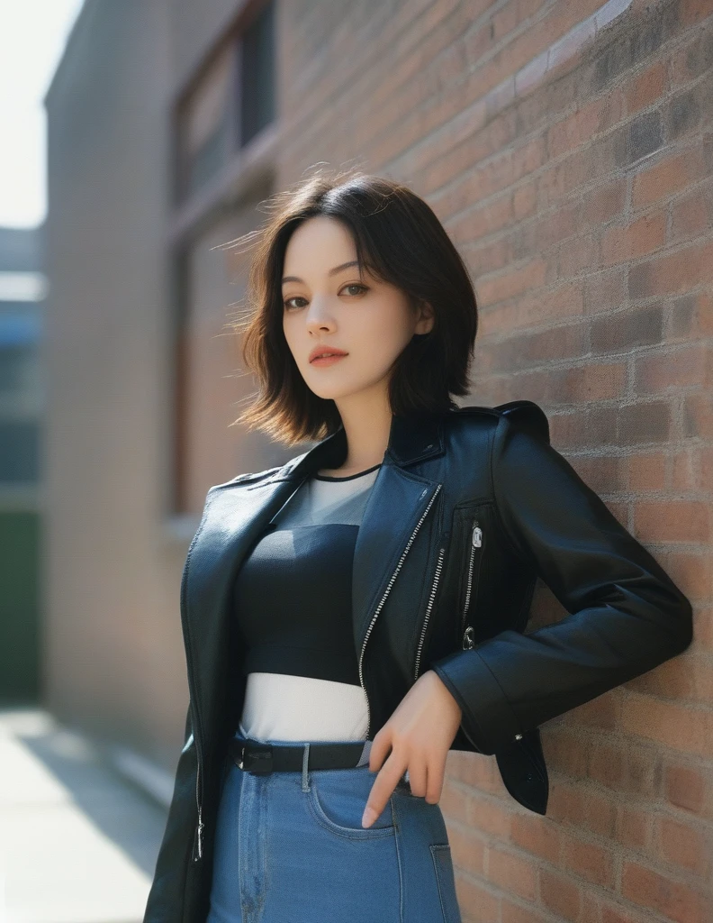 xxmixgirl, upper body of a beautiful cute long and slender face Japanese girl, A gorgeous young cute asian woman in a Glamorous leather rockstars outfit, happy smiling, still from the film, ((young Marion Cotillard face : 1.2)), ((young Anne Hathaway face: 1.0)), from front, realistic portrait photo of a cute 25 years old girl, looks at viewer, wavy nose, full lips, natural skin, skin moles,(cinematic, film grain:1.1), ((asian winged eyes, very long and slender slim face, windy tousled, long straight black bob)), medium breasts, (curvy), cute, eyelashes, Serena, pokemon, solo, long hair, blue eyes, smile, looking at viewer, leather jacket, leather pants, black jacket, tight pants, black choker, zipper, biker clothes, spikes, multiple belts, shiny clothes, high collar, (graffiti:1.2), brick wall, cowboy shot, (Leica SL3, Summicron-SL 75 f/2 ASPH, kodak Ektar 200 film), hands up, bokeh, silhouette, shallowed depth of field, dynamic action pose, hands up,