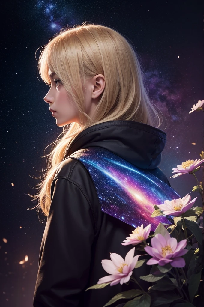 (best qualityer, work of art), 1 girl, Galaxy, sheen, don, particle, Tuuli, flowers, trunk, simple dark background, looking ahead at viewer, blond,