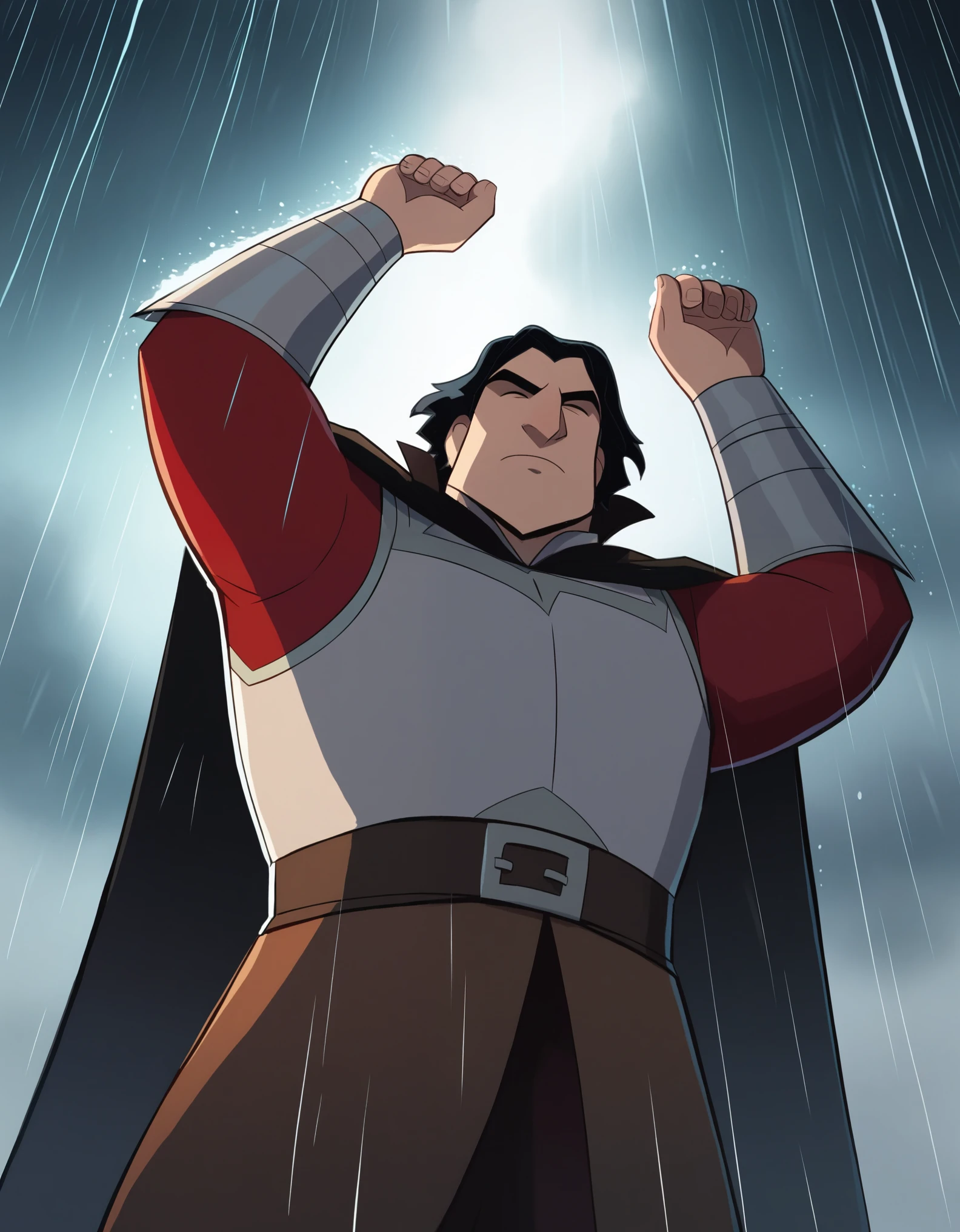 score_9, score_8, score_7, score_6, lordprotector, wolfwalkers_studio_saloon_style, 1boy, male focus, from below, solo, black hair, closed mouth, rain, arms up, short hair, two-tone hair, cape