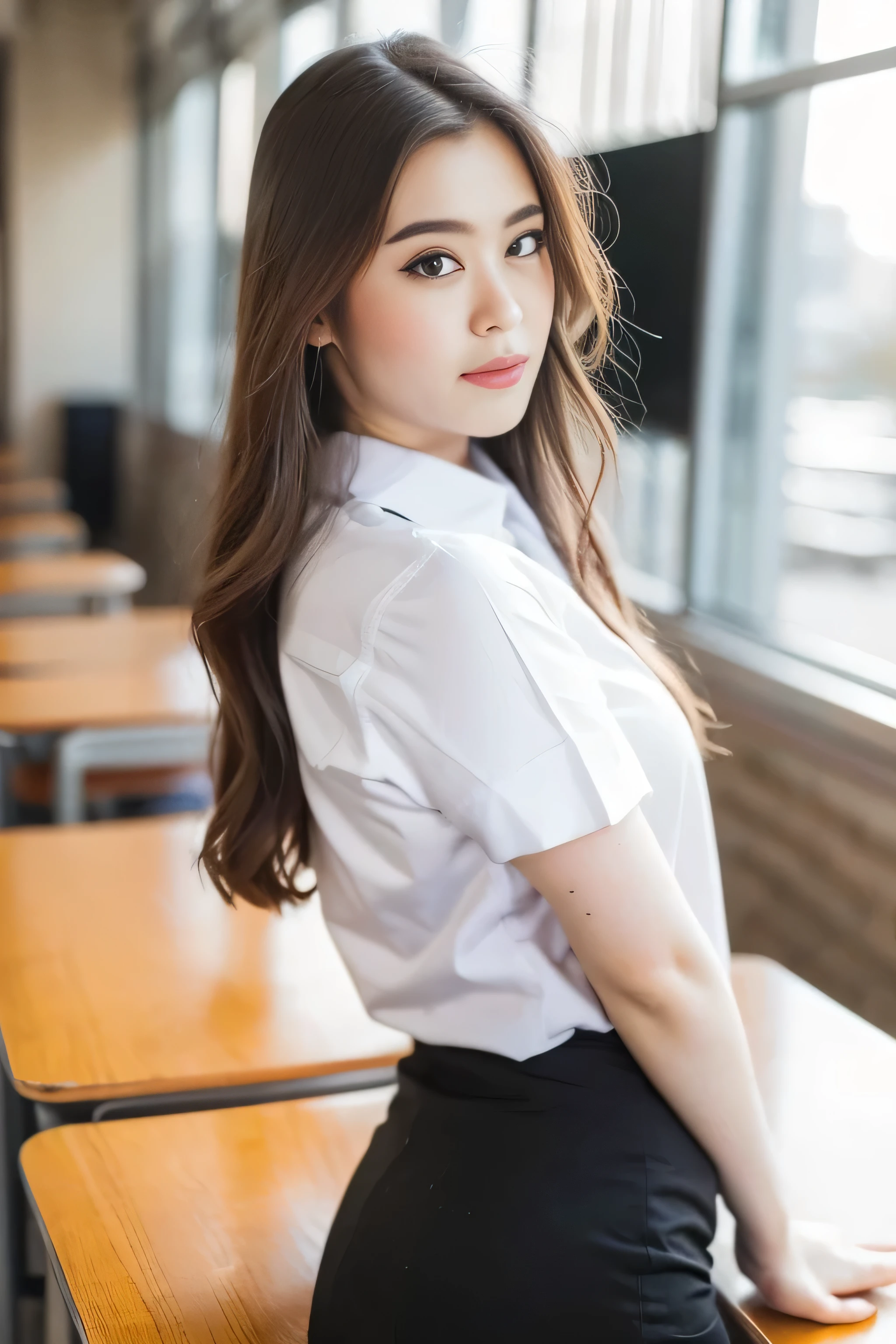 Close up,1 girl{{A beautiful woman wearing a white short-sleeved shirt and a short black A-line skirt}},Stand with your back turned and look at the camera, in the classroom, striking a sexy pose.  with several lecture tables set up behind it  There is a sliding glass window.  There was evening light streaming into the room.