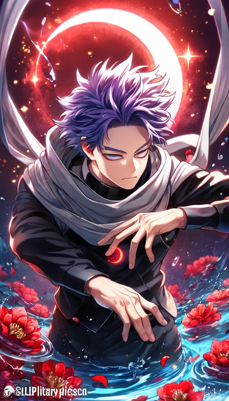 absurdres, highres, ultra detailed, HDR, master piece, Shinsou Hitoshi, indigo hair, messy hair, expressive purple eyes, gray scarf, black clothes, Boku No Hero Academia, sexy man, handsome, best quality, red glittering crescent moon, red flowers, fantasy, magical, solo, water, red shining fireflies, red petals, sensual