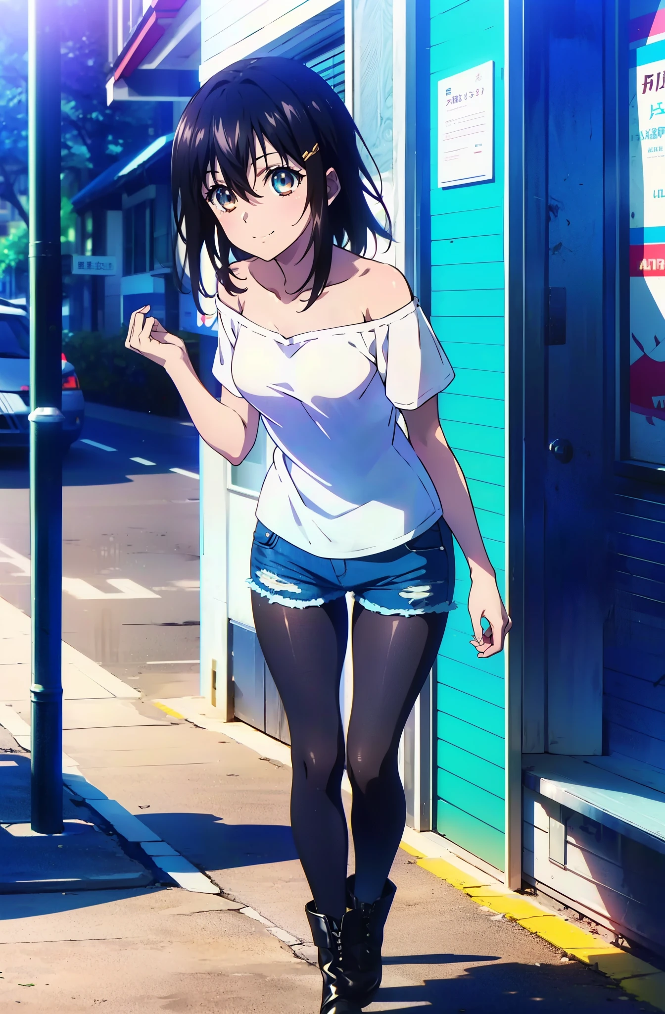 Himeragi Yukina, Brown eyes, Black Hair, Hair between the eyes, Medium Hair, Mid-chest,smile,One-shoulder shirt,Short sleeve,Short denim,Black pantyhose,short boots,Walking,whole bodyがイラストに入るように,Daytime,Clear skies,　　　　　　　　　　　　　　　　　　　break looking at viewer, whole body, 　　　　　　　　break outdoors ,Building district,　　　　　　　　　　　　　 break (masterpiece:1.2), Highest quality, High resolution, unity 8k wallpaper, (shape:0.8), (Beautiful and beautiful eyes:1.6), Highly detailed face, Perfect lighting, Highly detailed CG, (Perfect hands, Perfect Anatomy),