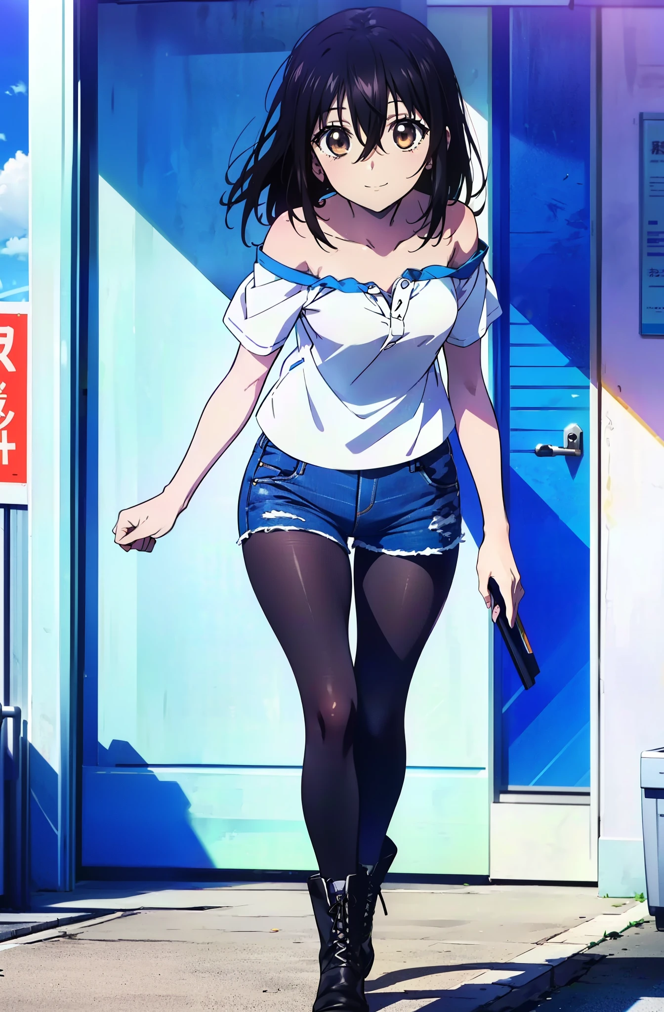 Himeragi Yukina, Brown eyes, Black Hair, Hair between the eyes, Medium Hair, Mid-chest,smile,One-shoulder shirt,Short sleeve,Short denim,Black pantyhose,short boots,Walking,whole bodyがイラストに入るように,Daytime,Clear skies,　　　　　　　　　　　　　　　　　　　break looking at viewer, whole body, 　　　　　　　　break outdoors ,Building district,　　　　　　　　　　　　　 break (masterpiece:1.2), Highest quality, High resolution, unity 8k wallpaper, (shape:0.8), (Beautiful and beautiful eyes:1.6), Highly detailed face, Perfect lighting, Highly detailed CG, (Perfect hands, Perfect Anatomy),