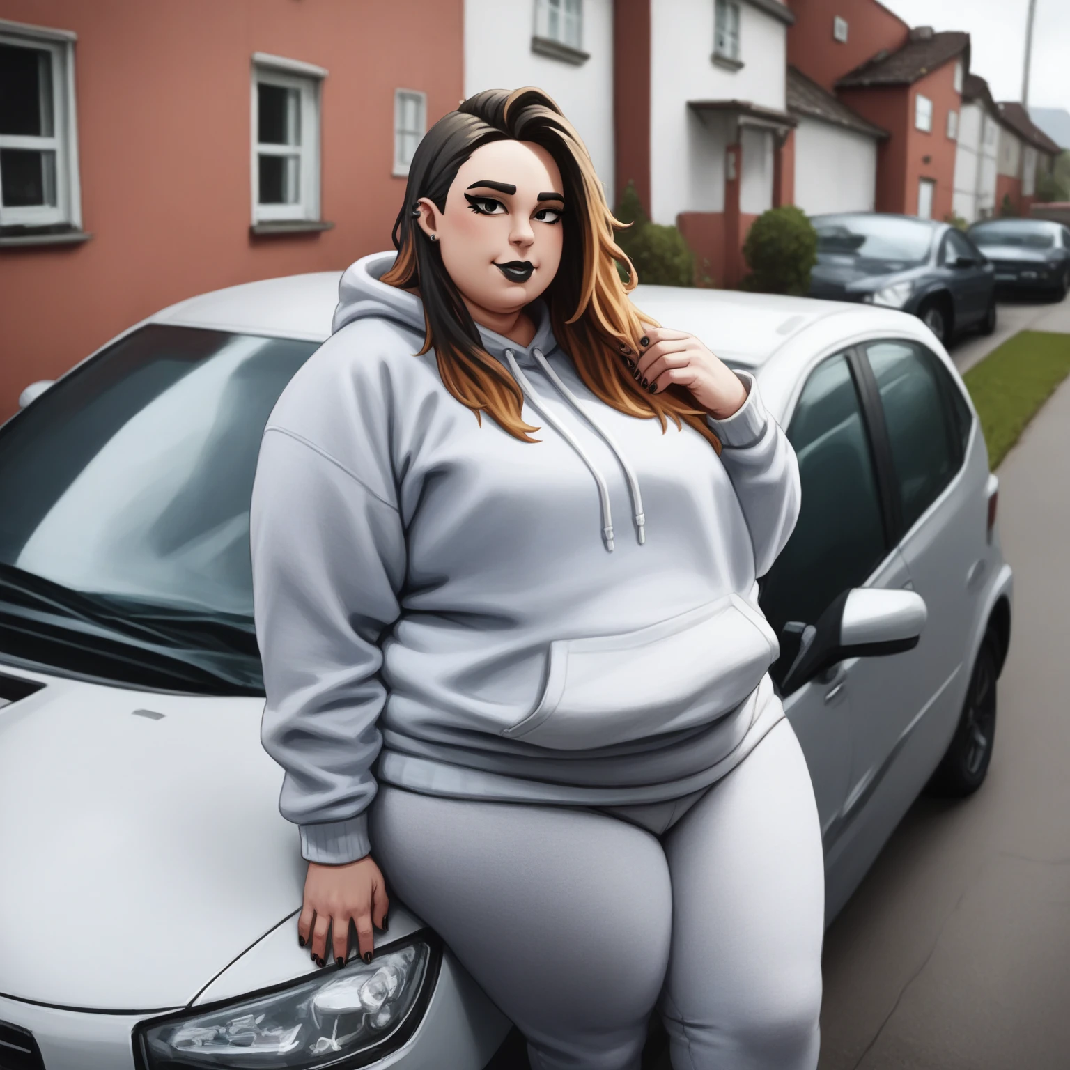 Masterpiece, perfect face, black lipstick, nostril pierci g, perfect hands, Sunkissed skin all over, Thicc, moobs, black fingernails and black toenails, extremely morbidly obese, black hair, ((wearing)), black top, grey sweat pants, detailed feet, voluptuous, feminine boy, femboy, smile, (anatomically correct), (Perfect/ realistic proportions:1.2), (overwhelmingly fat arms, obese face), hands grabbing belly, ((extremely widest hips possible!)), ((extremely massive thick thighs, morbidly large belly), belly overhang!)), (1080P, 4k UHD, Masterpiece:2.1!) ((single)), background: tilted towers_fortnite