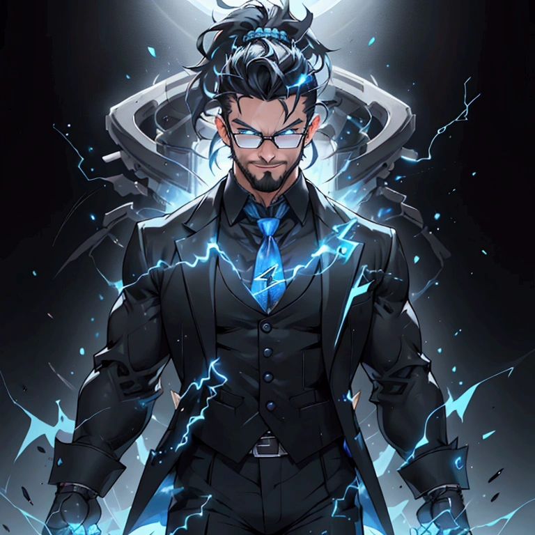 a muscular man with a ponytail, glasses, black hair, light scruffy beard, wearing a business vest and black dress pants, solo, alone, glowing electrical powers, (SOLO)(ALONE), best quality, 8k, highres, masterpiece, ultra-detailed, realistic, photorealistic, photo-realistic, HDR, UHD, studio lighting, ultra-fine painting, sharp focus, physically-based rendering, extreme detail description, professional, vivid colors, bokeh, has blue eyes, blue electric powers, wearing white dress shirt and black vest, fighting pose, grinning, lightning