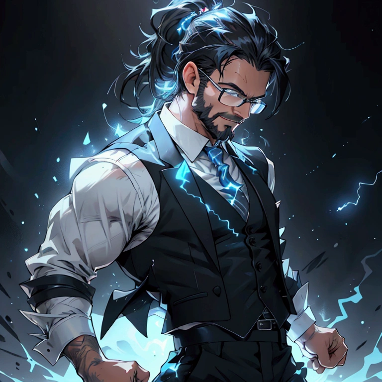 a muscular man with a ponytail, glasses, black hair, light scruffy beard, wearing a business vest and black dress pants, solo, alone, glowing electrical powers, (SOLO)(ALONE), best quality, 8k, highres, masterpiece, ultra-detailed, realistic, photorealistic, photo-realistic, HDR, UHD, studio lighting, ultra-fine painting, sharp focus, physically-based rendering, extreme detail description, professional, vivid colors, bokeh, has blue eyes, blue electric powers, wearing white dress shirt and black vest, fighting pose, grinning, lightning