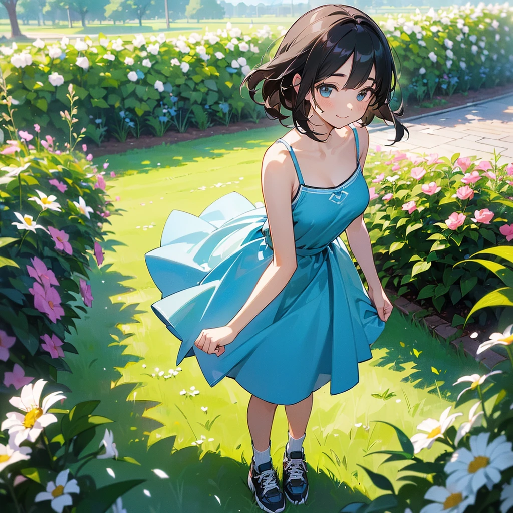 (high quality, High resolution, Very detailed, reality:1.37), Peaceful atmosphere, (Outdoor, garden), Teenage girl standing alone, (my breasts are big.), Beautiful details, Cute Smile, (Black bob hair), camisole, Brown Skirt, Blue socks, sneakers.